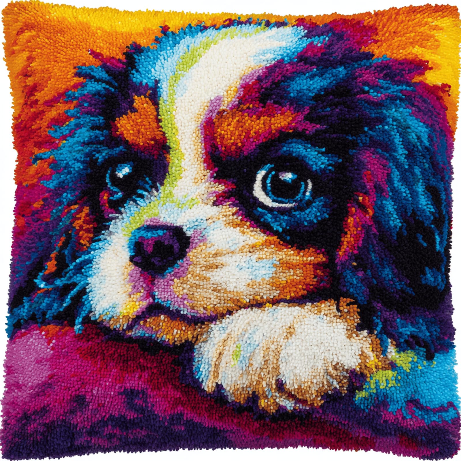 kitphoenix Latch Hook Cushion Kit DIY 17x17 Inch,Charles Spaniel,Beginner Latch Hook Pillow Making Kit with Pre-Cut Yarn,Canvas,Hook & Instructions - Soft Acrylic Yarn Home Decor Embroidery Craft Set
