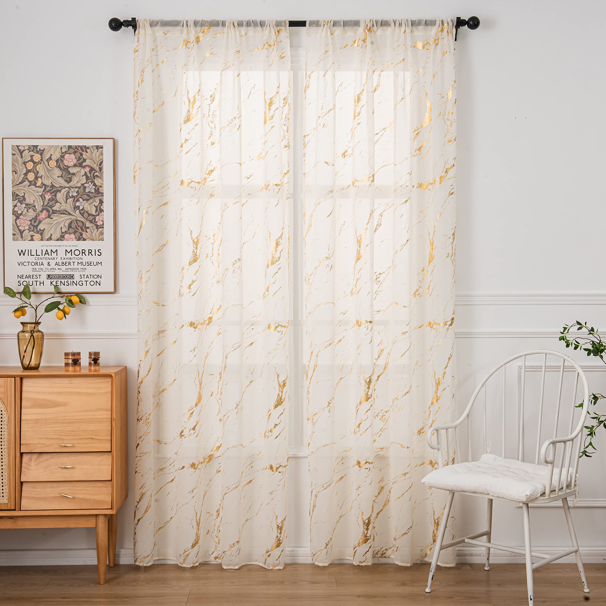 Lot de 2 Rideaux Transparents dorés de 243,8 cm de Long, Rideaux avec Passe-Tringle pour Chambre à Coucher, Salon, décoration de Noël, Traitement de fenêtre à imprimé marbre en Feuille d'or