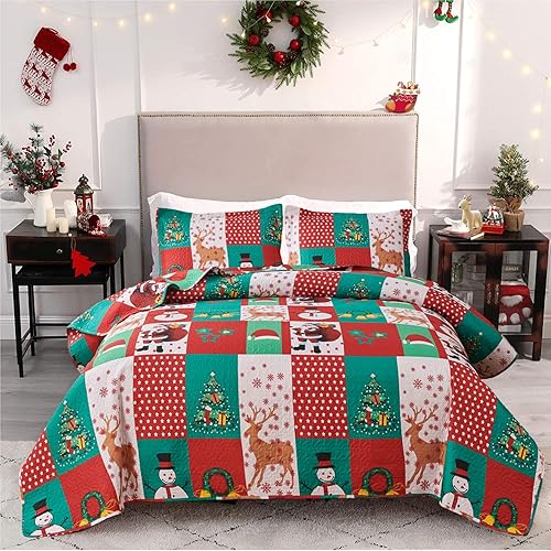 Juego de edredón de Navidad a cuadros de muñeco de nieve tamaño Queen (90 x 90 pulgadas), juego de ropa de cama reversible con diseño de Papá Noel,
