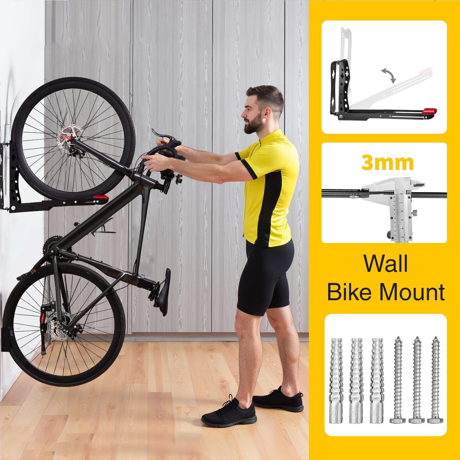 Soporte de pared para bicicleta para montaje en pared | Soporte ajustable estable para organización de almacenamiento vertical para gimnasio, taller al aire libre, comercial