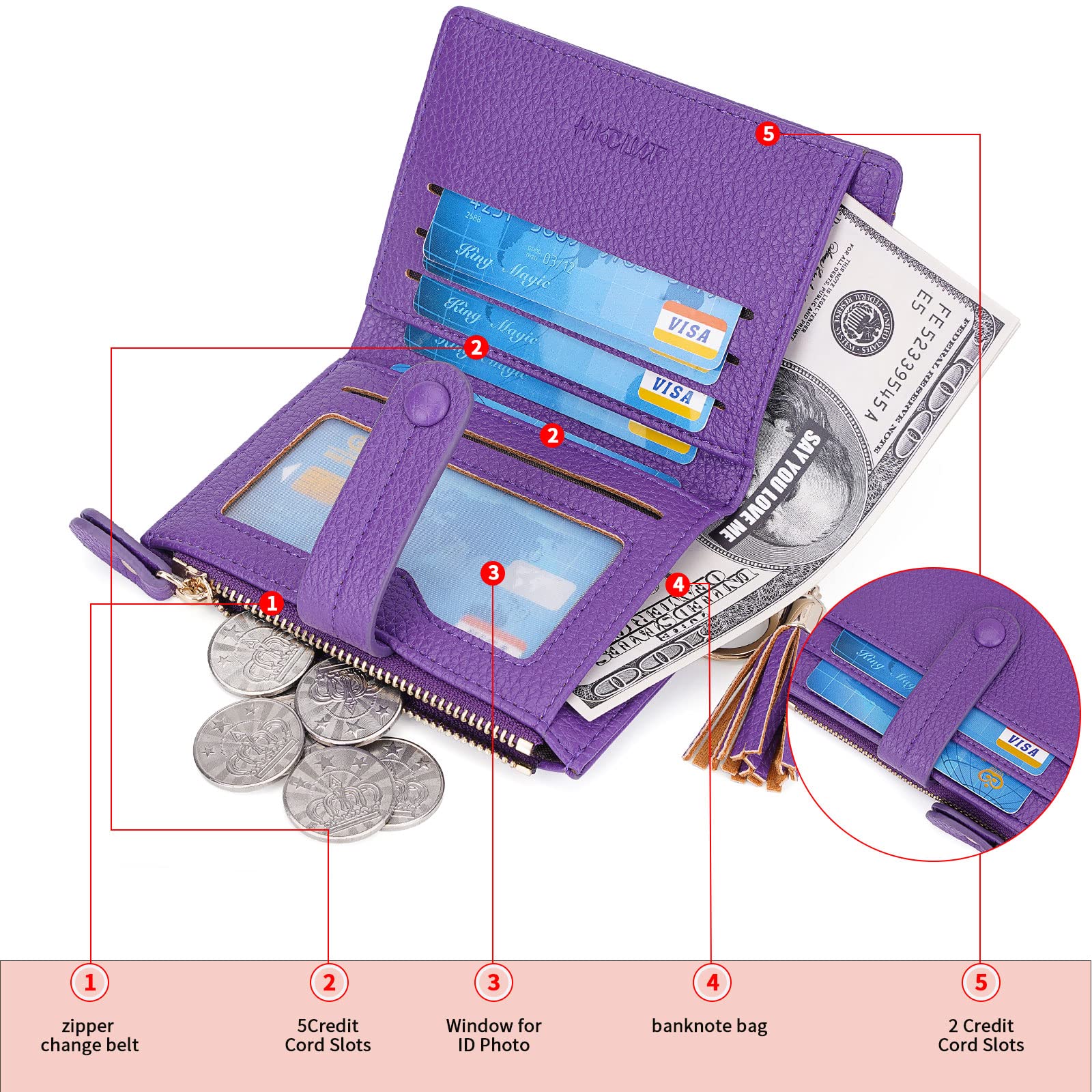 HKCLUF Portafoglio Piccolo da Donna, Porta Carte Blocco RFID Portamonete Pelle con Nappa Portafogli Cerniera Molti Scomparti(B09-Viola)