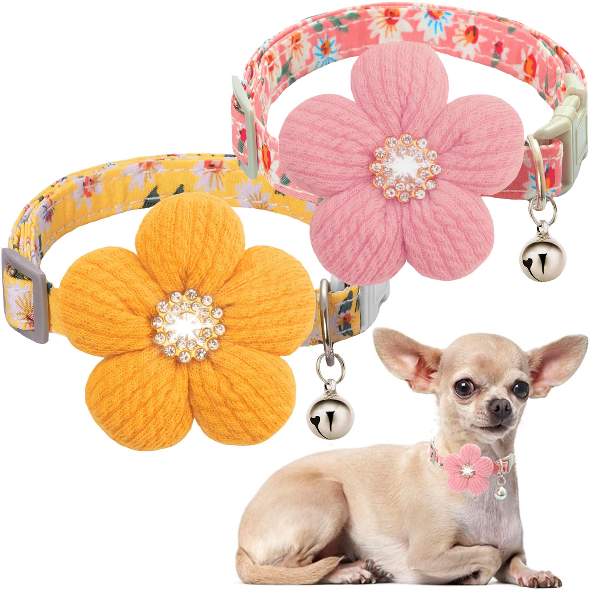 Small Dog Collar with Flower, Puppy Collar for Girl Dog Collars for Small Dogs Cute Dog Collar with Bell, Adjustable Length