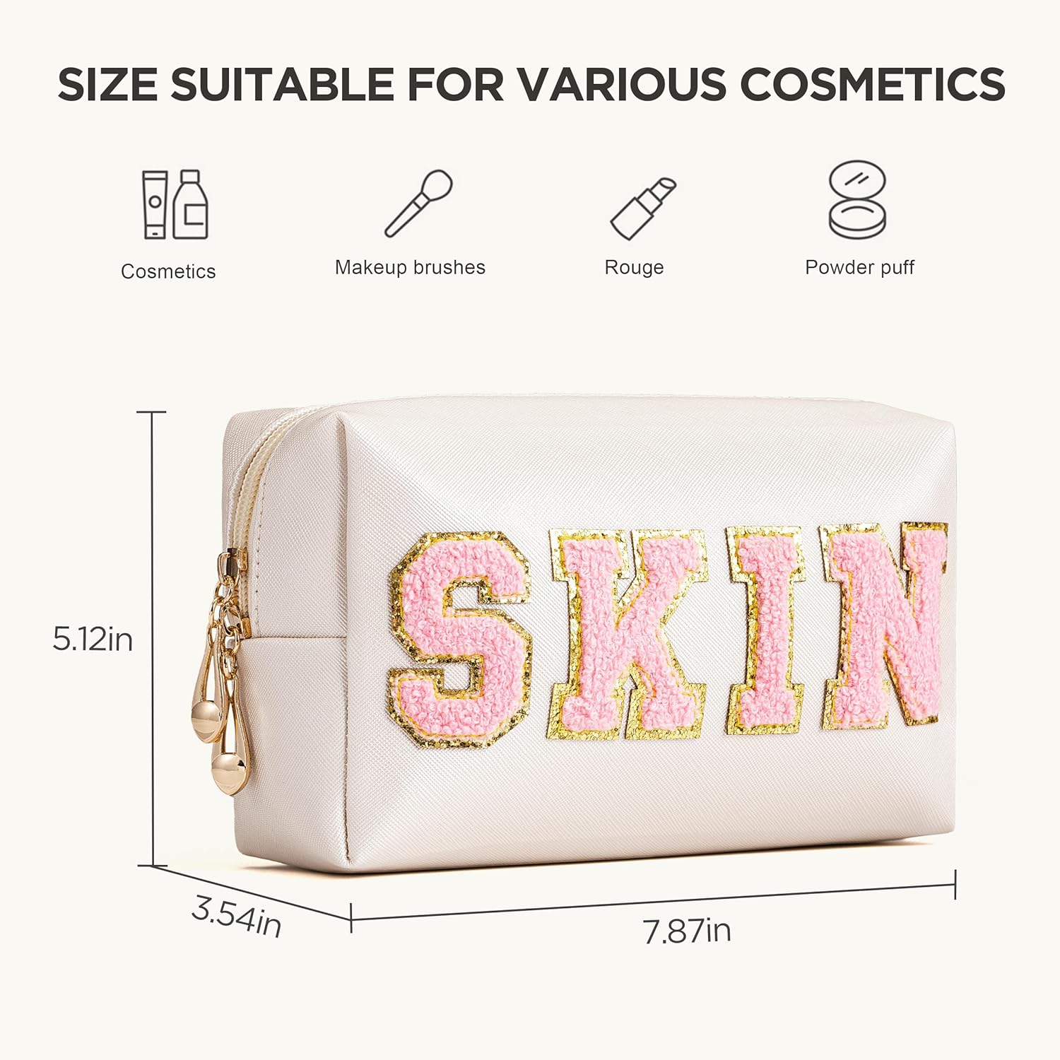 HBselect Preppy Makeup Bag 4 Pcs Travel Toiletry Bag Chenille Letter Patch Makeup Bag Portable Cosmetic Bag for Women PU Leather Waterproof Organizer Make up Bag for Women Girls - Image 4