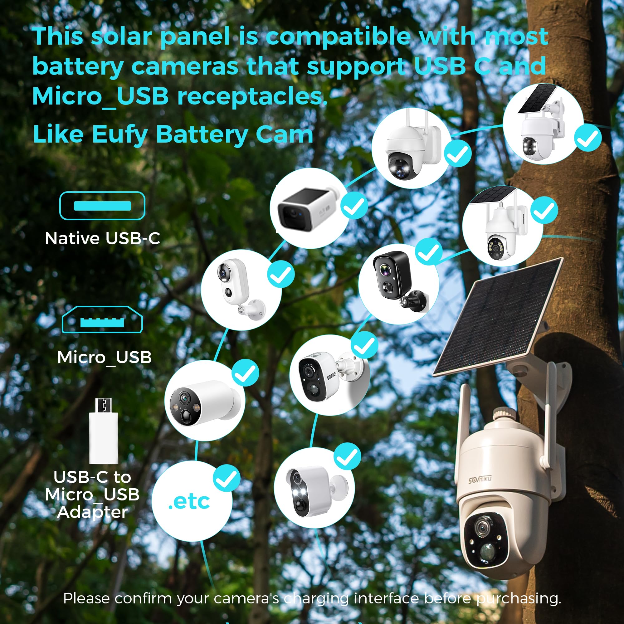 Vicohome - Panel solar de 5 W 5 V para cámaras de seguridad, tasa de conversión de energía del 23 %, cable de 9.8 pies, compatible con interfaz tipo C y micro USB, resistente a la intemperie, soporte