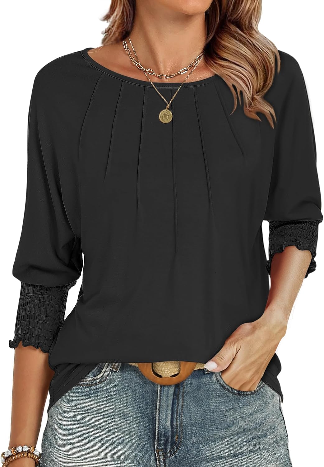 ANRABESS Women’s Dressy Business Casual Tops 3/4 Puff Sleeve Crewneck Pleated T Shirts 2025 Summer Work Blouses