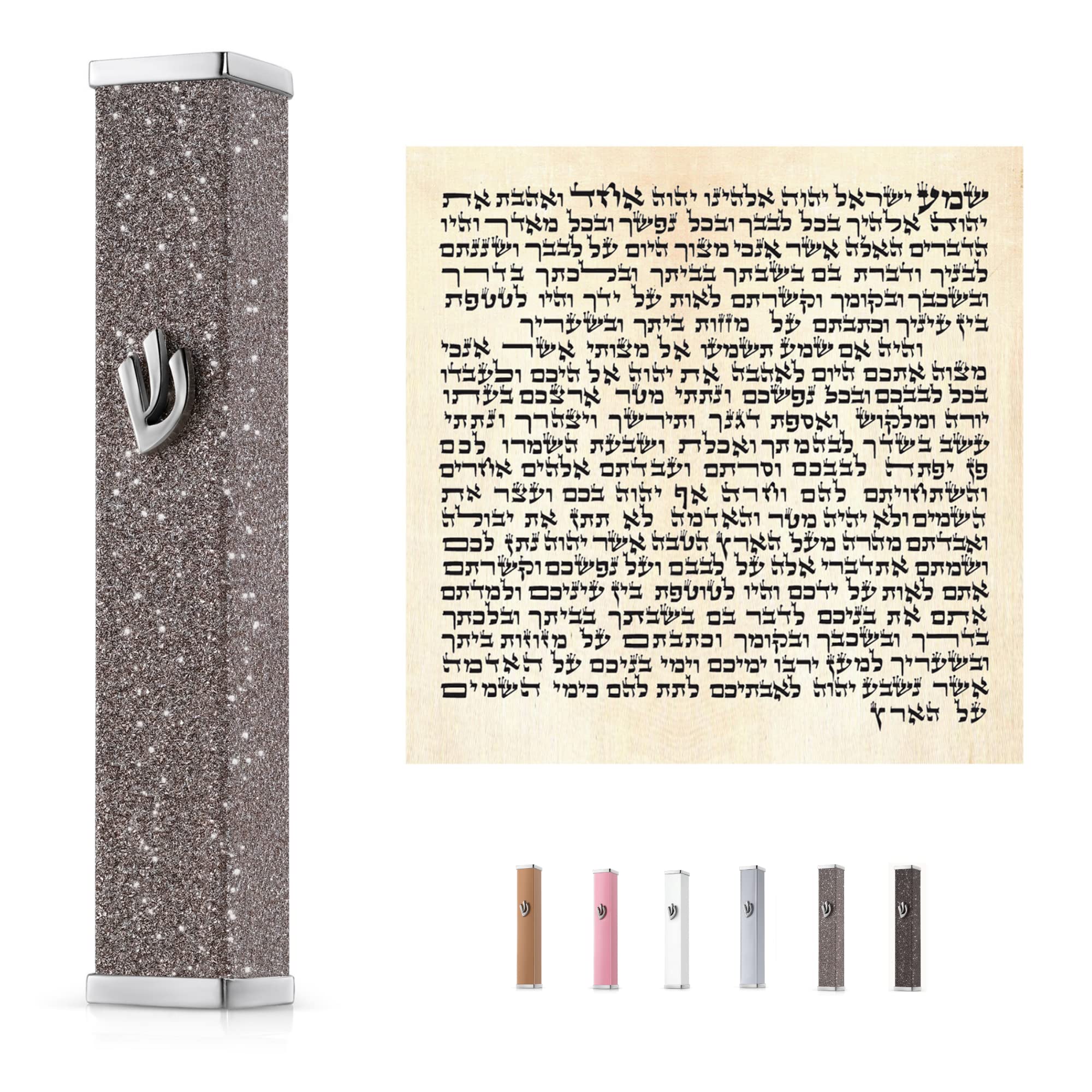 SURI Mezuzah for Door - Contemporary Mezzuzahs for Door with Scrolls Inside (Non Kosher) - Complete Mezuzah Kit - Easy Install Mezuzah Adhesive - Sparkling Gray Small 4-inch Mezuzah