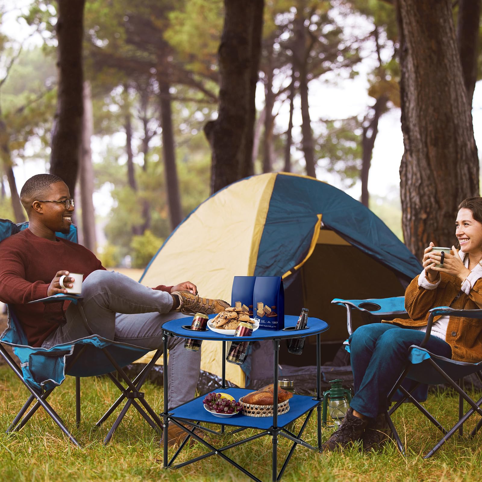 GIANTEX Tavolo da picnic rotondo pieghevole, tavolo da campeggio a 2 livelli con 4 portabicchieri in rete, telaio metallico a forma di X, tessuto Oxford, carico 40 kg, per barbecue, spiaggia, blu