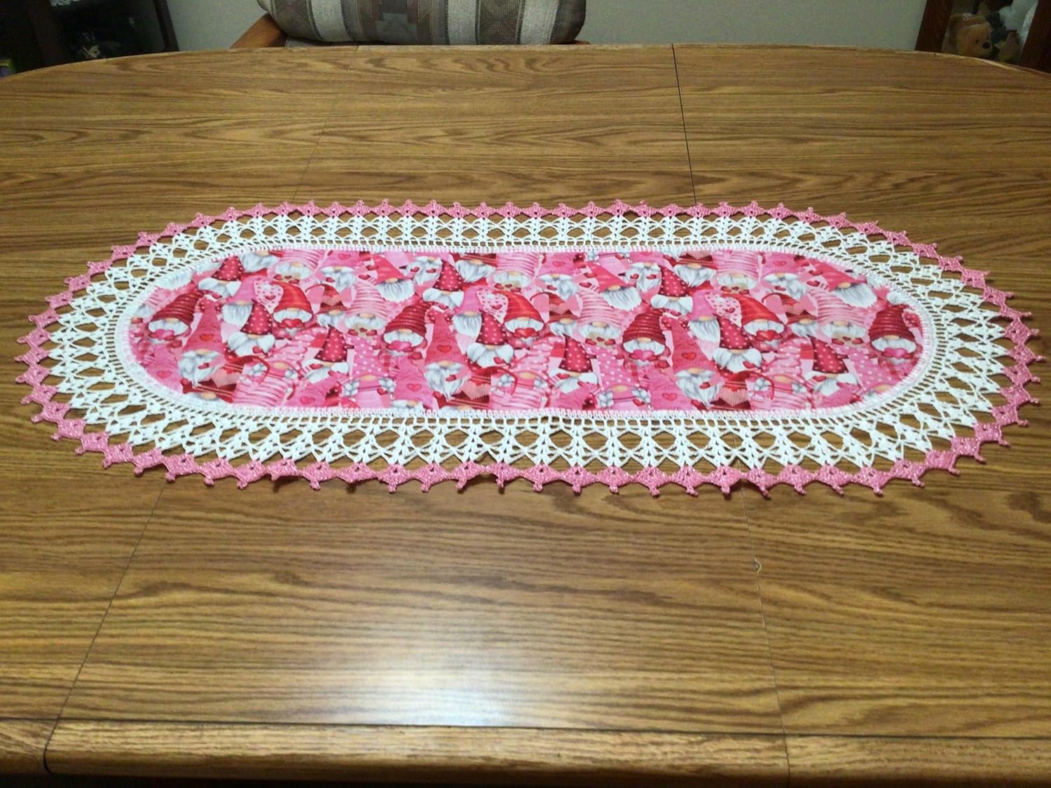 Valentines Day Table Runner 36 Inches Crochet with Pink Gnomes and Hearts Decoration Crocheted Edge Centerpiece