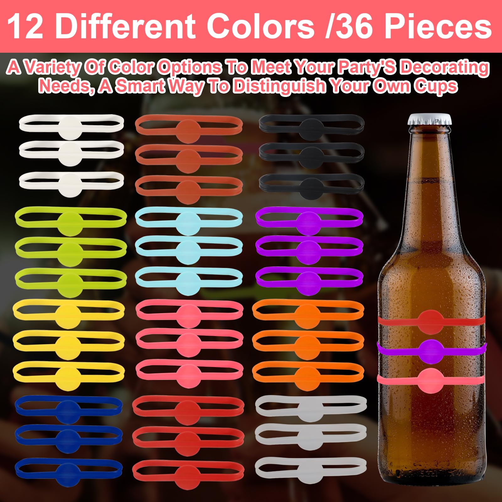 HFDONGL 36 Stück Glasmarkierer Wiederver Wendbare Glas Markierung Trinkgläser Gläser Markieren Silikon Cup Marker Trinken Party Wein Glas Marker für Weinglas Flasche Cup Trinkglas (12 Farben)