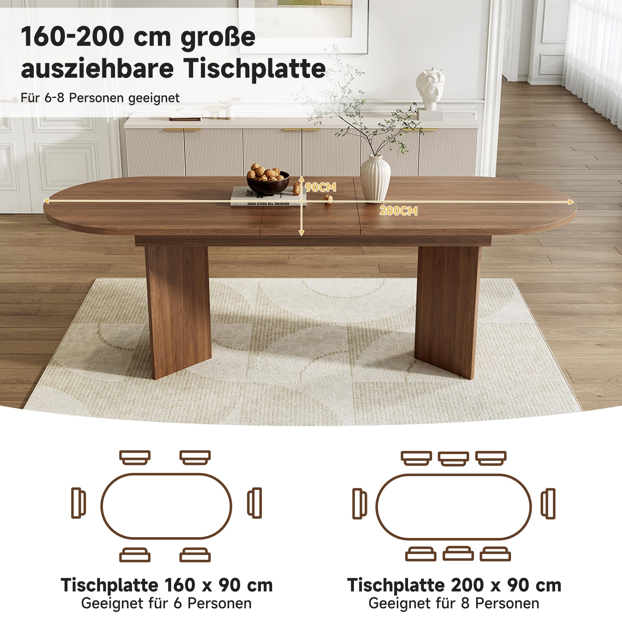 Soweiz Mesa de comedor extensible de 160/200 x 90 cm, mesa de madera adecuada para 4 – 6 personas, mesa de salón con esquinas redondeadas, tablero de nogal grueso