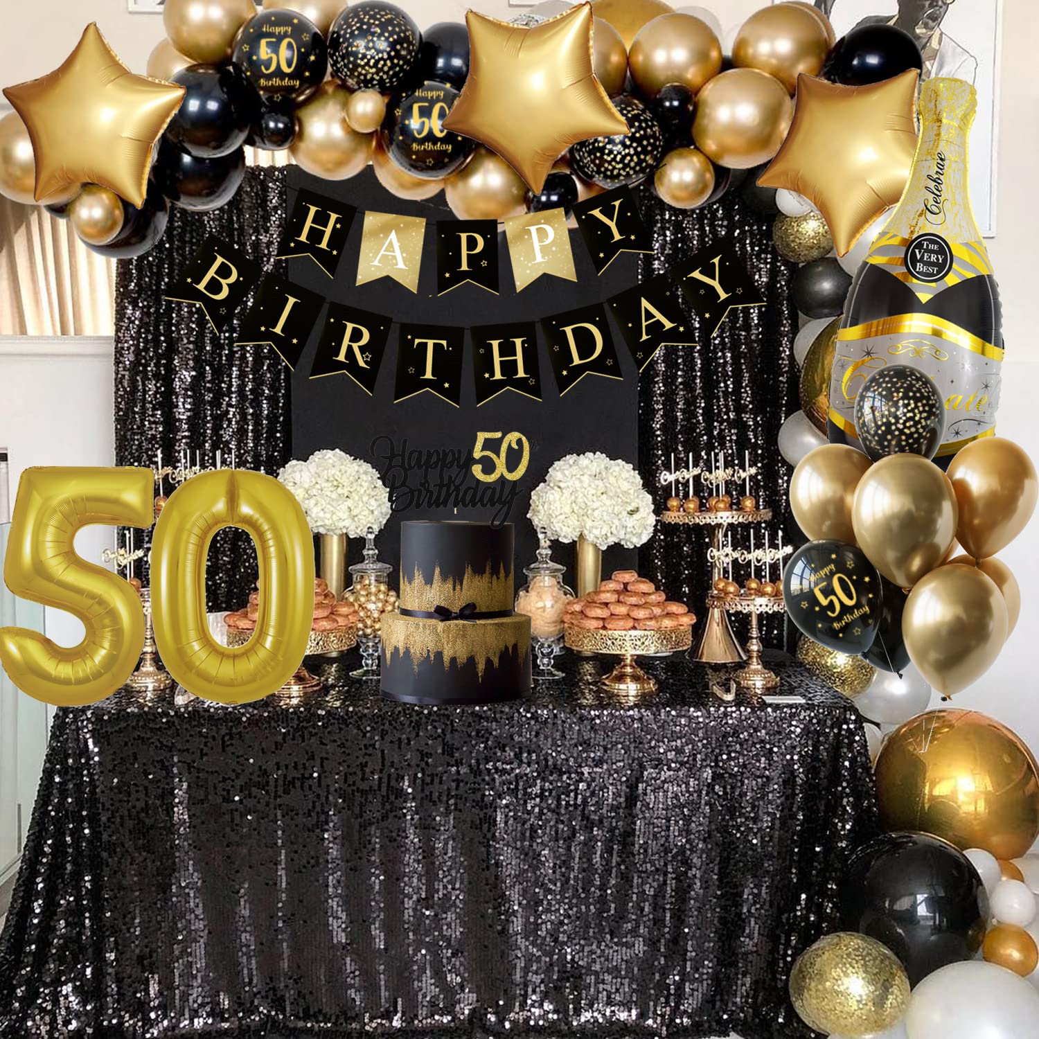 50 anni decorazione di compleanno in oro nero, banner di buon