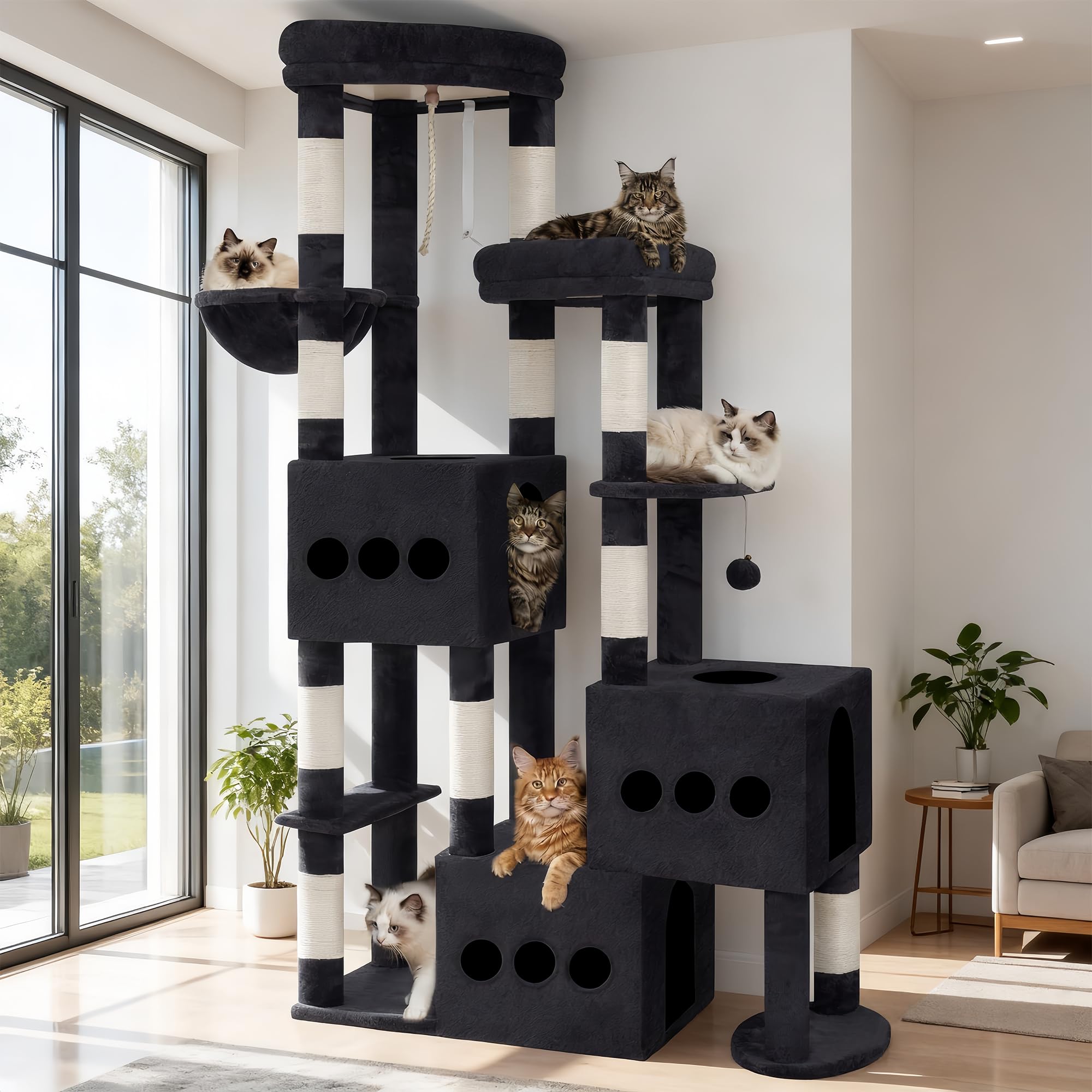 Gitelsnour Rascador para Gatos de 182 cm, Árbol rascador para Varios Gatos antivuelco y Estable con 3 Cuevas Grandes, con 3 Plataformas, Cesta Colgante y 10 Postes rascadores, Gris Ahumado GCT036G