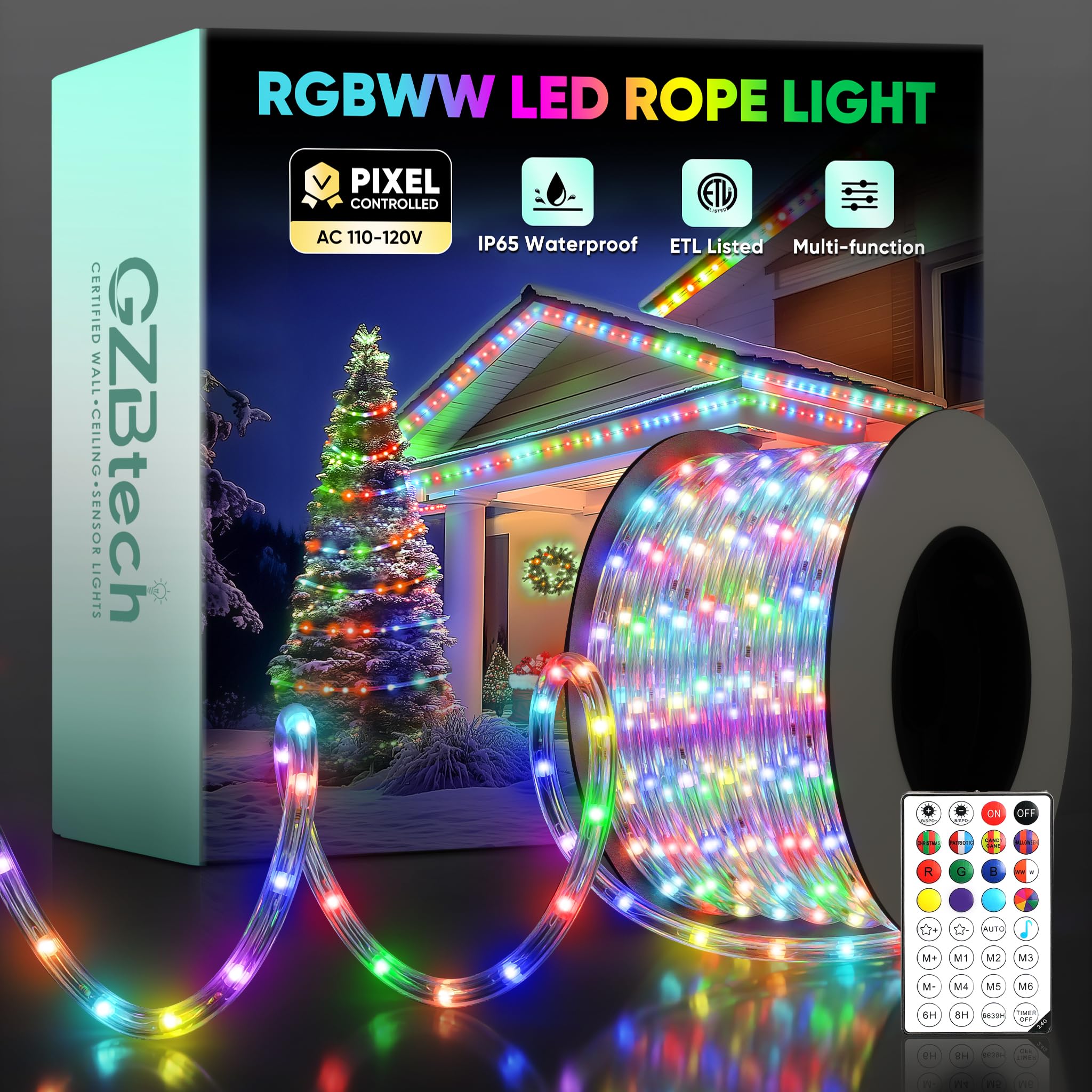 GZBtech RGBWW Pixel-Controlled Rope Light 100FT/30M, IP65 Waterproof Dimmable Festival Lights for Christmas/Halloween/4th of July/New Year, AC 110-