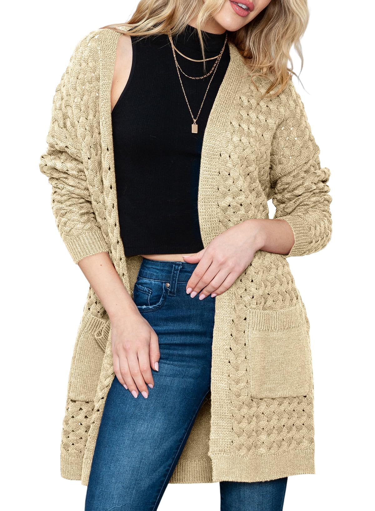 Chaqueta larga de punto para mujer, chaqueta de punto frontal abierta, abrigo con bolsillos, ropa exterior holgada informal para uso diario, beige, M