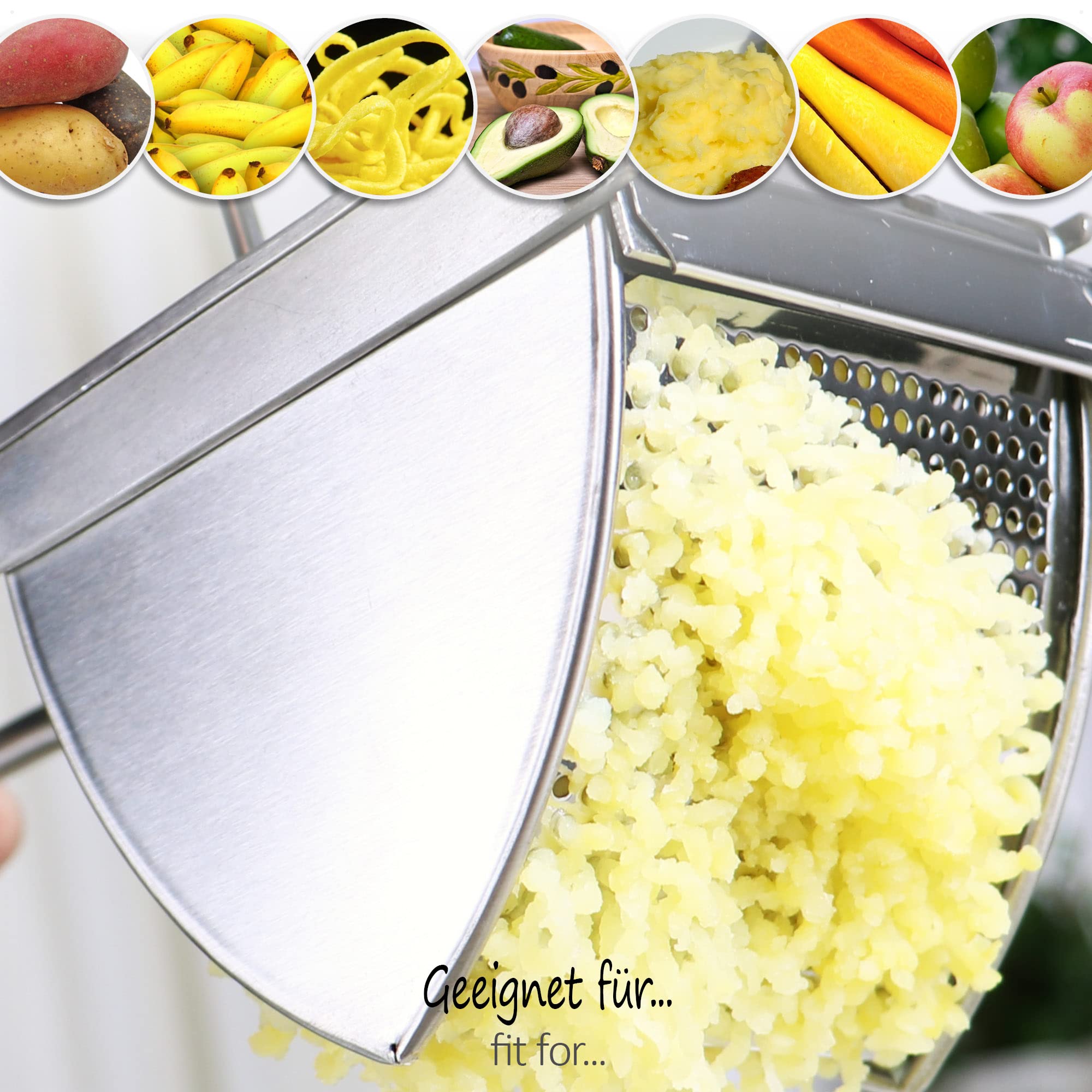COM-FOUR® Prensa para patatas de acero inoxidable, apta para lavavajillas - prensa para spaetzle - prensa para helado de espaguetis - triturador de patatas (Acero inoxidable - mango ergonómico)