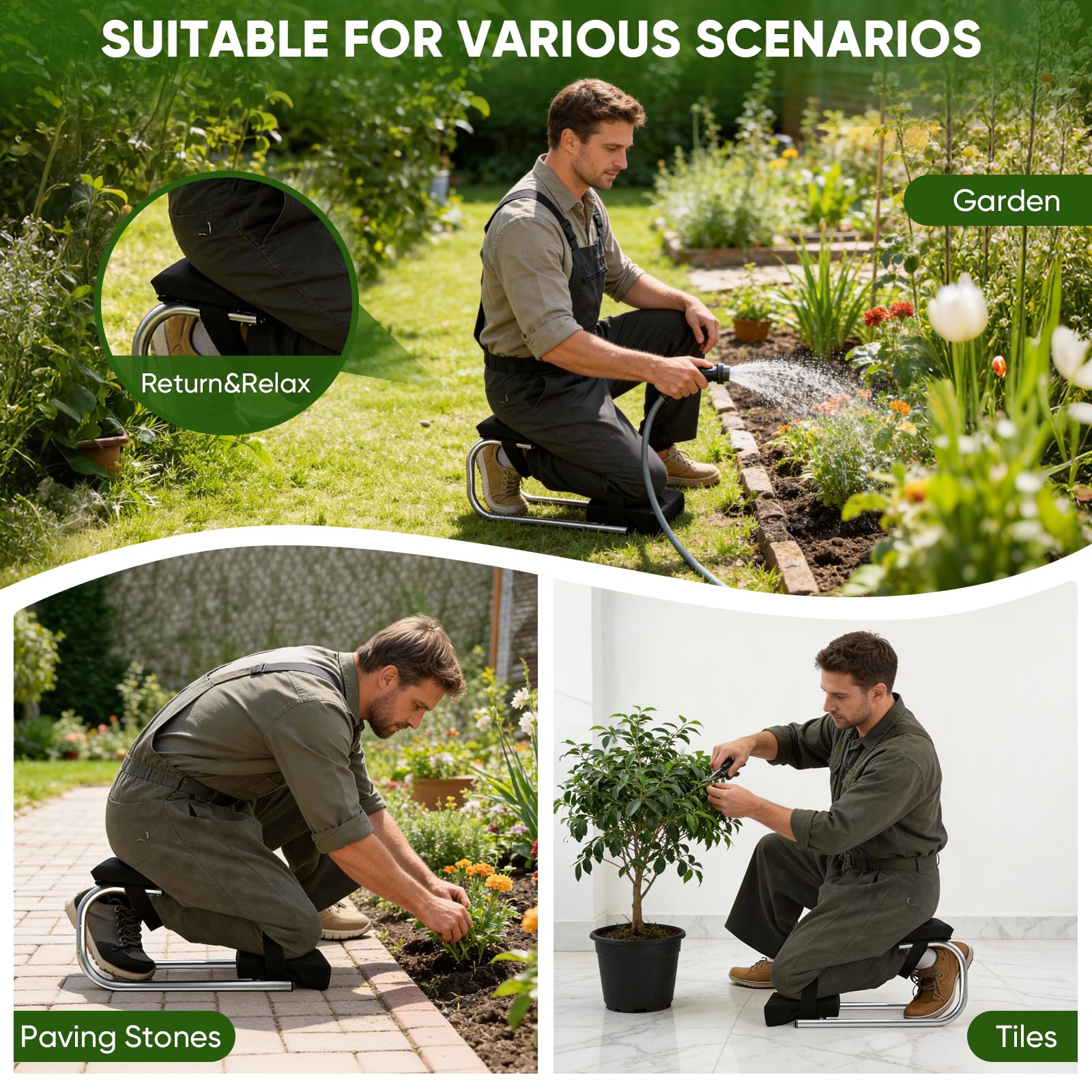 Ginocchiera per giardinaggio, portatile sulla gamba, con telaio in acciaio e cinghie regolabili, ginocchiere per giardino, costruzione e posa di piastrelle, supporto ergonomico per alleviare