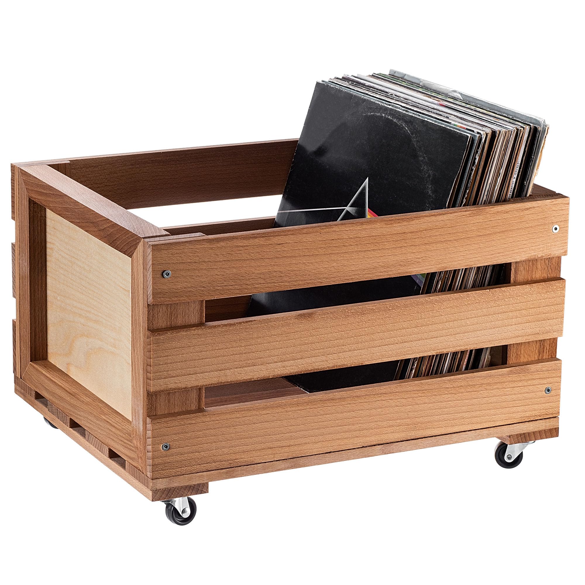 KADAX Contenitore per dischi in vinile in legno, scatola per la raccolta di dischi in vinile con ruote, robusto supporto per dischi, marrone, 36,5 x 45,5 x 28,5 cm, Scatola per dischi in vinile
