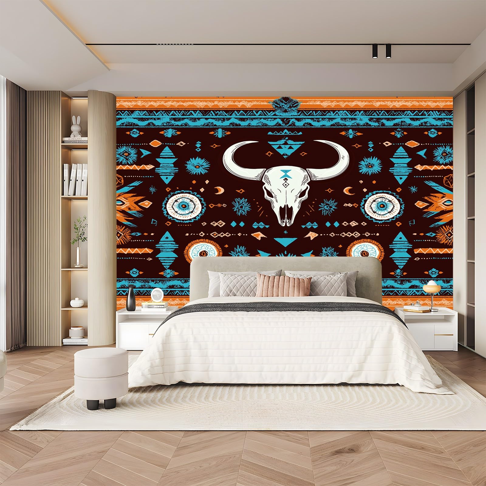 Panoramiczna tapeta boho plemienna czaszka pomarańczowa niebieska 200 x 140 cm (szer. x wys.), panoramiczna gigantyczna tapeta 3D salon sypialnia jadalnia pokój dziecięcy dekoracje ścienne z włókniny