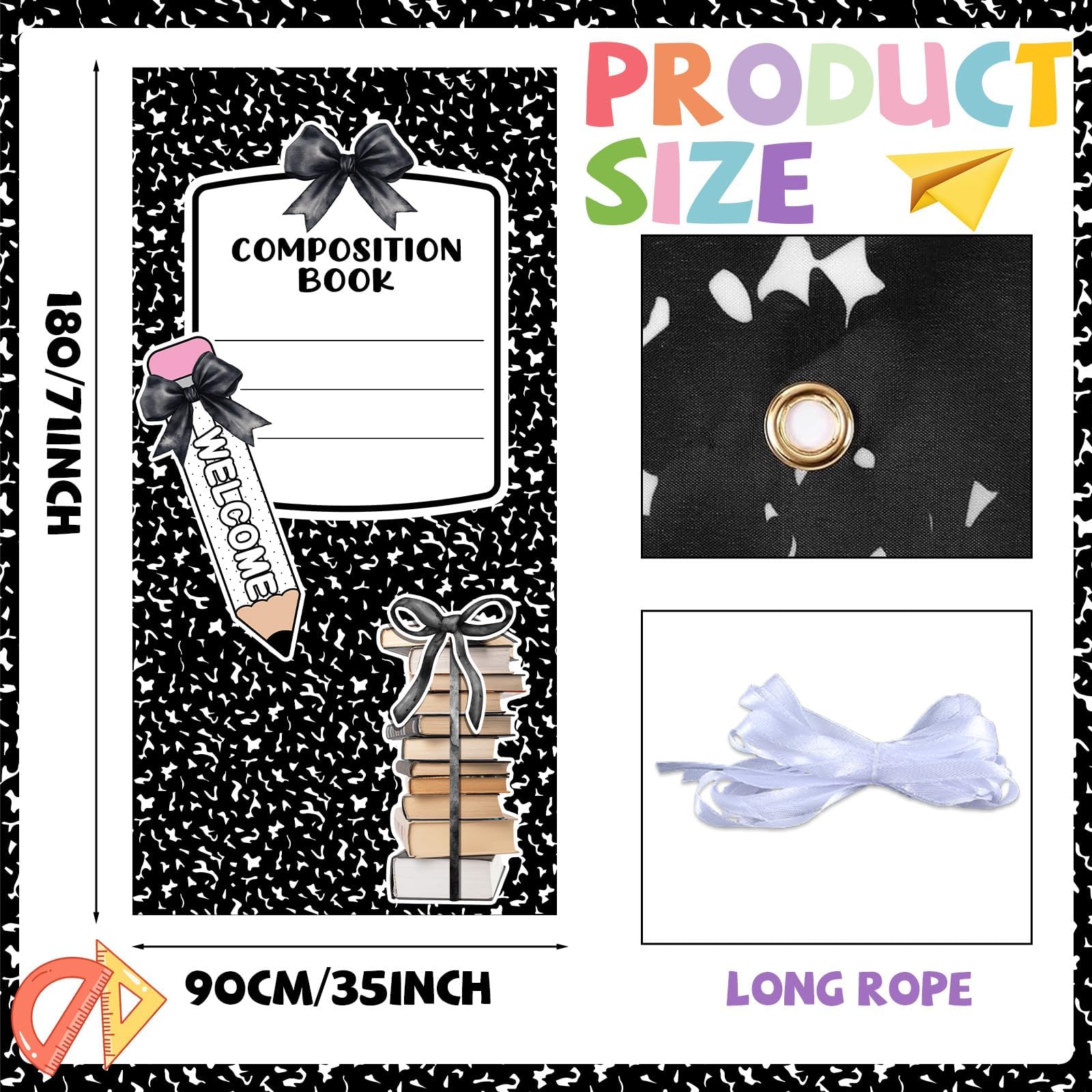Cuaderno de composición, decoración de aula, telón de fondo de lazo para el primer día de escuela, accesorios para cabina de fotos, cuaderno de composición, pancarta colgante para aula, oficina