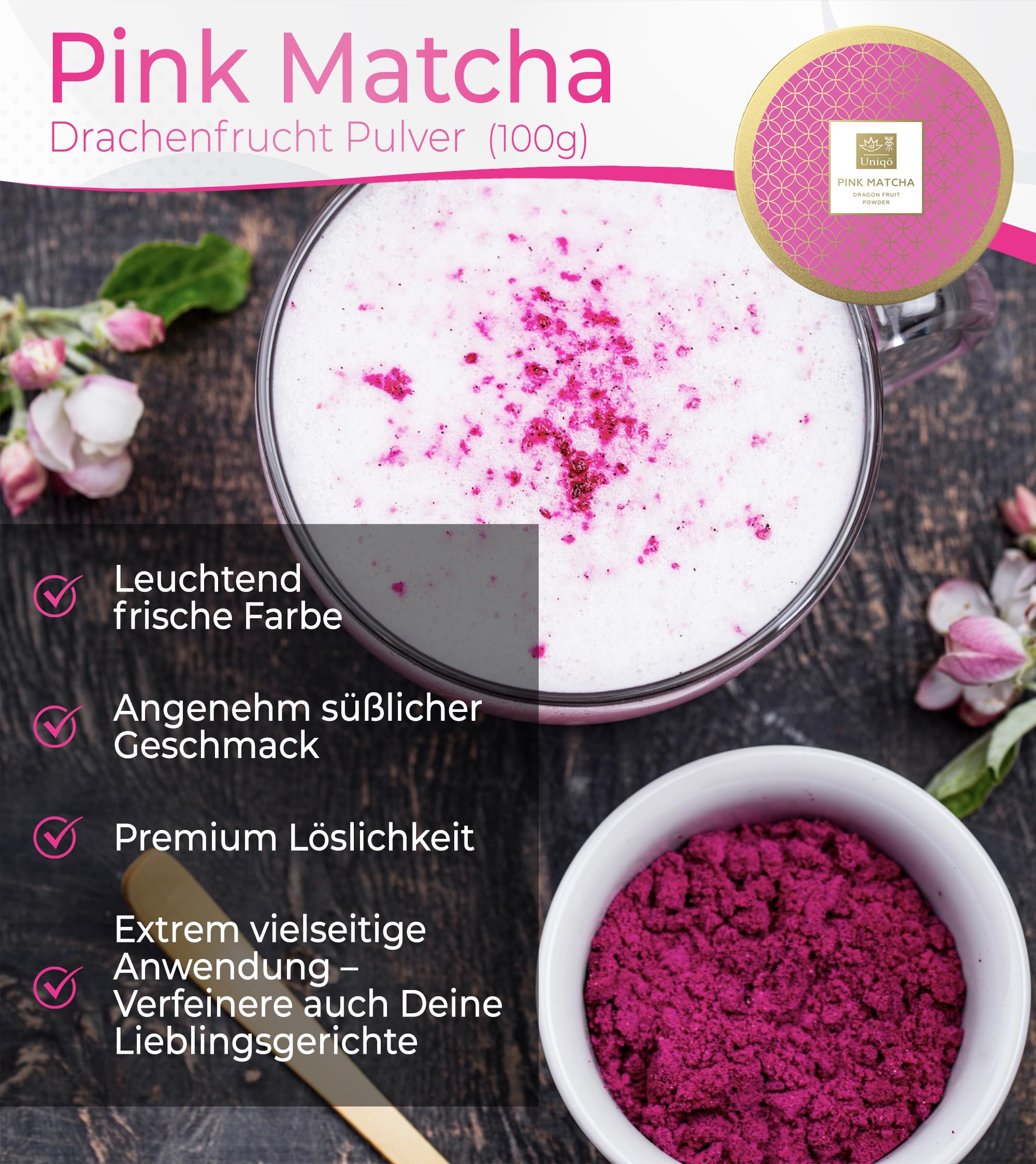 Tea Uniqo - Matcha Pulver Set mit Pink, Vanille und Pure Matcha | Tee Geschenkset mit Drachenfruchtpulver und Matcha Latte Pulver