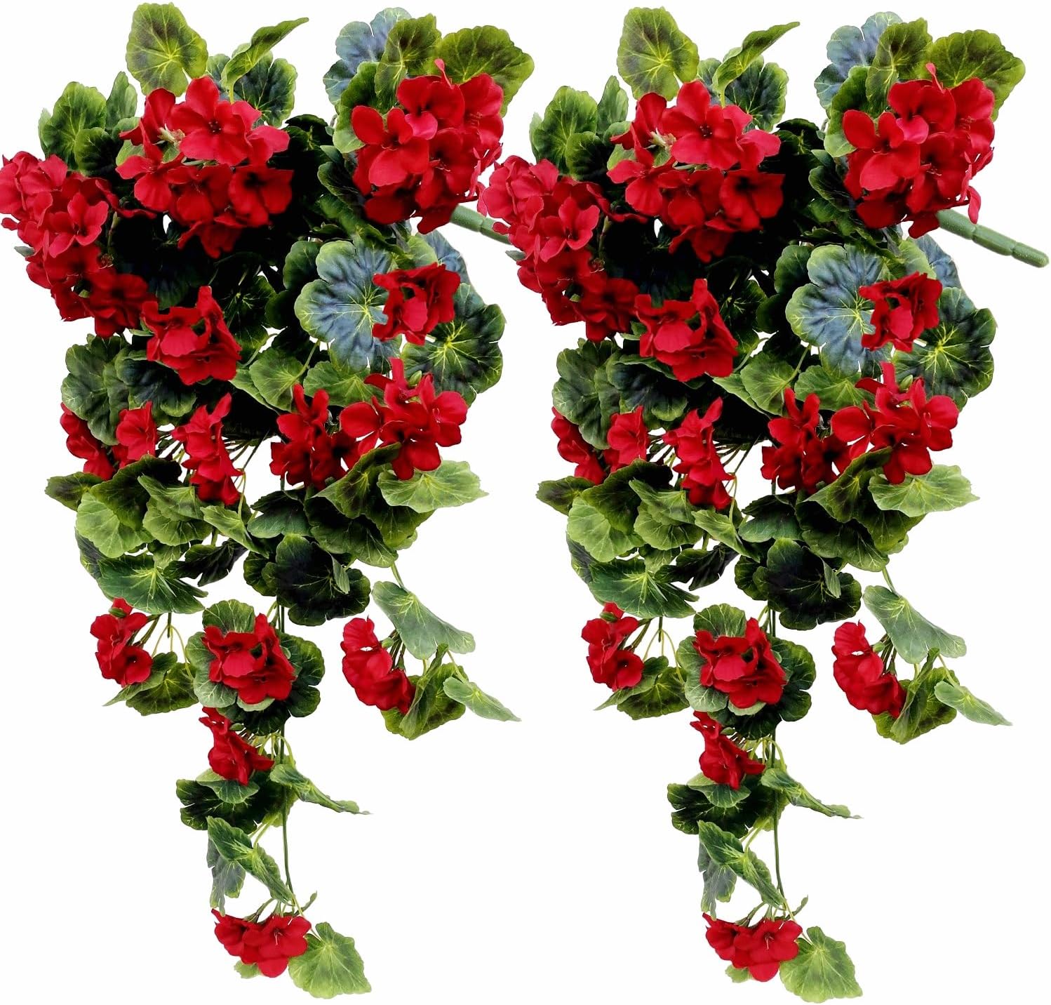 Artificial Geraniums Hanging Flower Plants for Indoor Outdoors Home Garden Wedding Porch Wall Fence Hanging Basket Vines Decor (Red - Pack of 2)