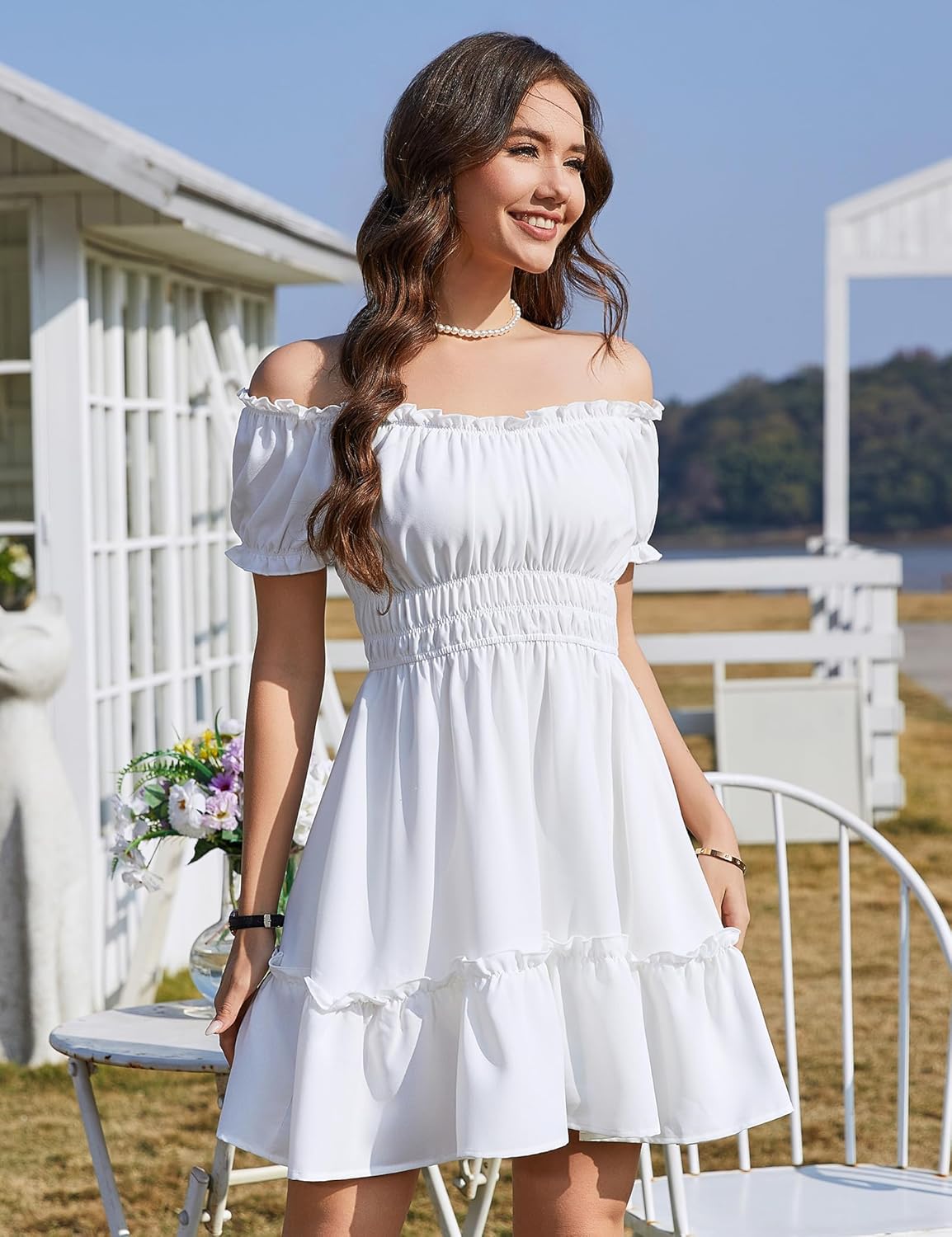 Amoretu Women's Summer Off The Shoulder Dress Smocked Waist Mini Sundress with Pockets, Wedding Guest, Vacation, Garden Party - Image 2