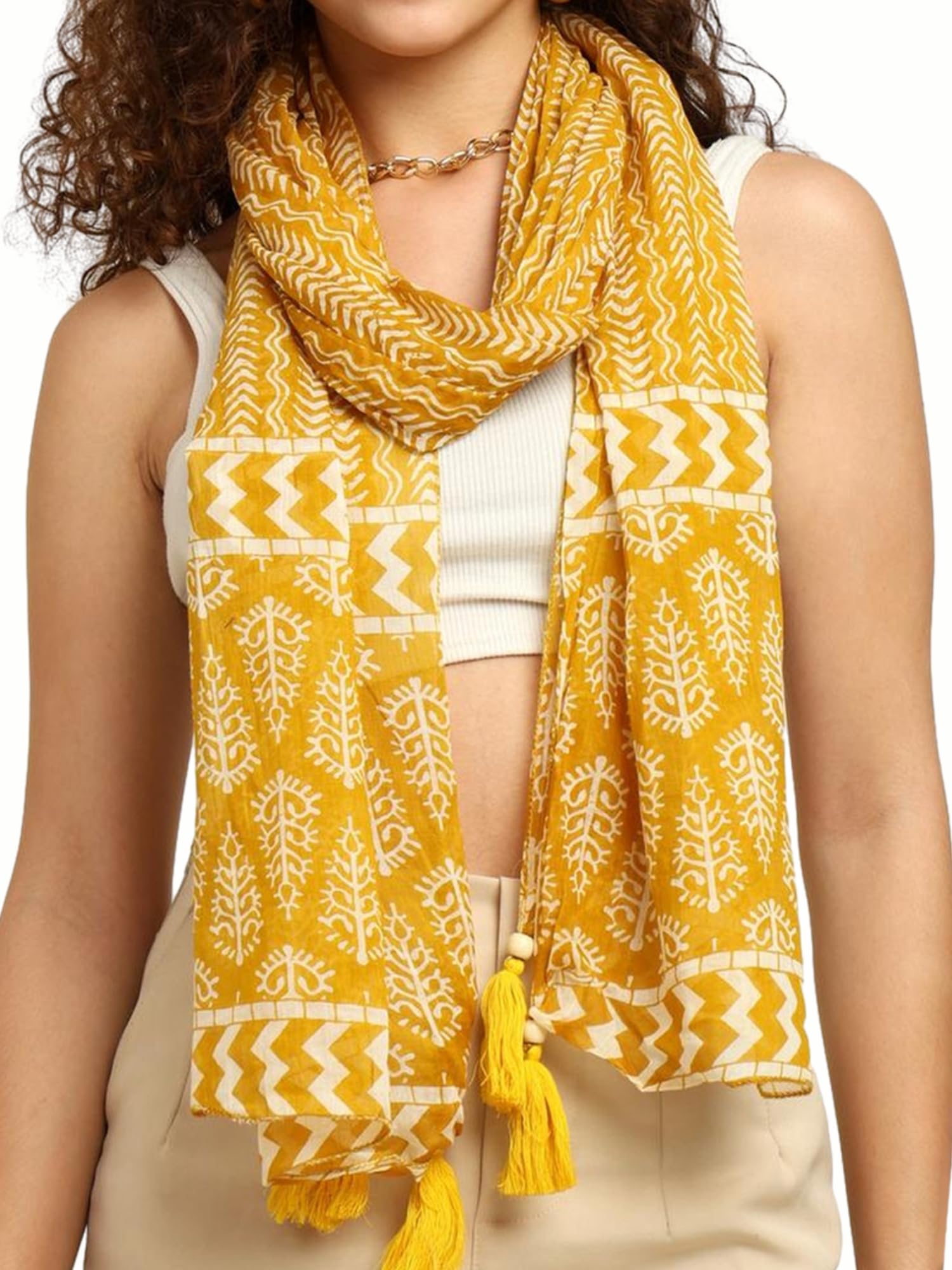 KE KANHA EXPORTS Scarf for Women Premium Cotton Boho | Dual Tone Border Print Stole with Tassels | Lightweight Summer Beach Wrap 180 x 50 cm-image-30