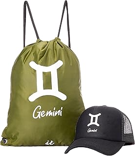 كاب واقي من الشمس قابل للطي من القطن والبوليستر مع شنطة برباط سحب وطبعة تصميم جيميني للجنسين - متعدد الألوان - مقاس واحد بملاءمة جيد