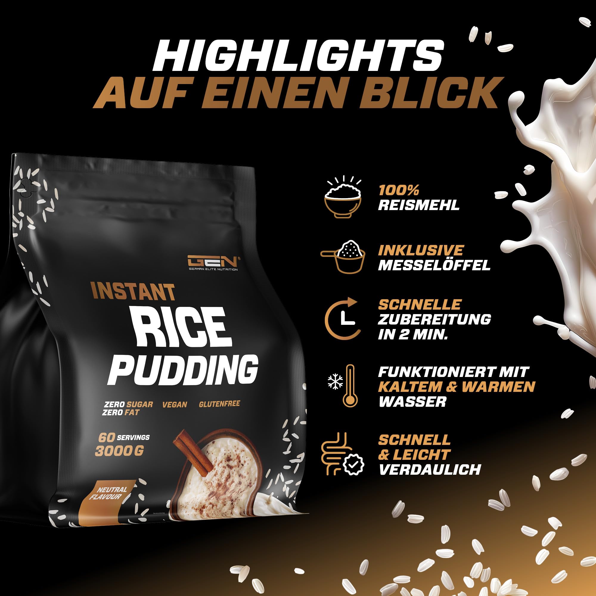 Veganer Instant Reispudding 3 kg - Rice Pudding Neutral - Hochwertige Energiequelle 100% Reis - Komplexe Kohlenhydraten