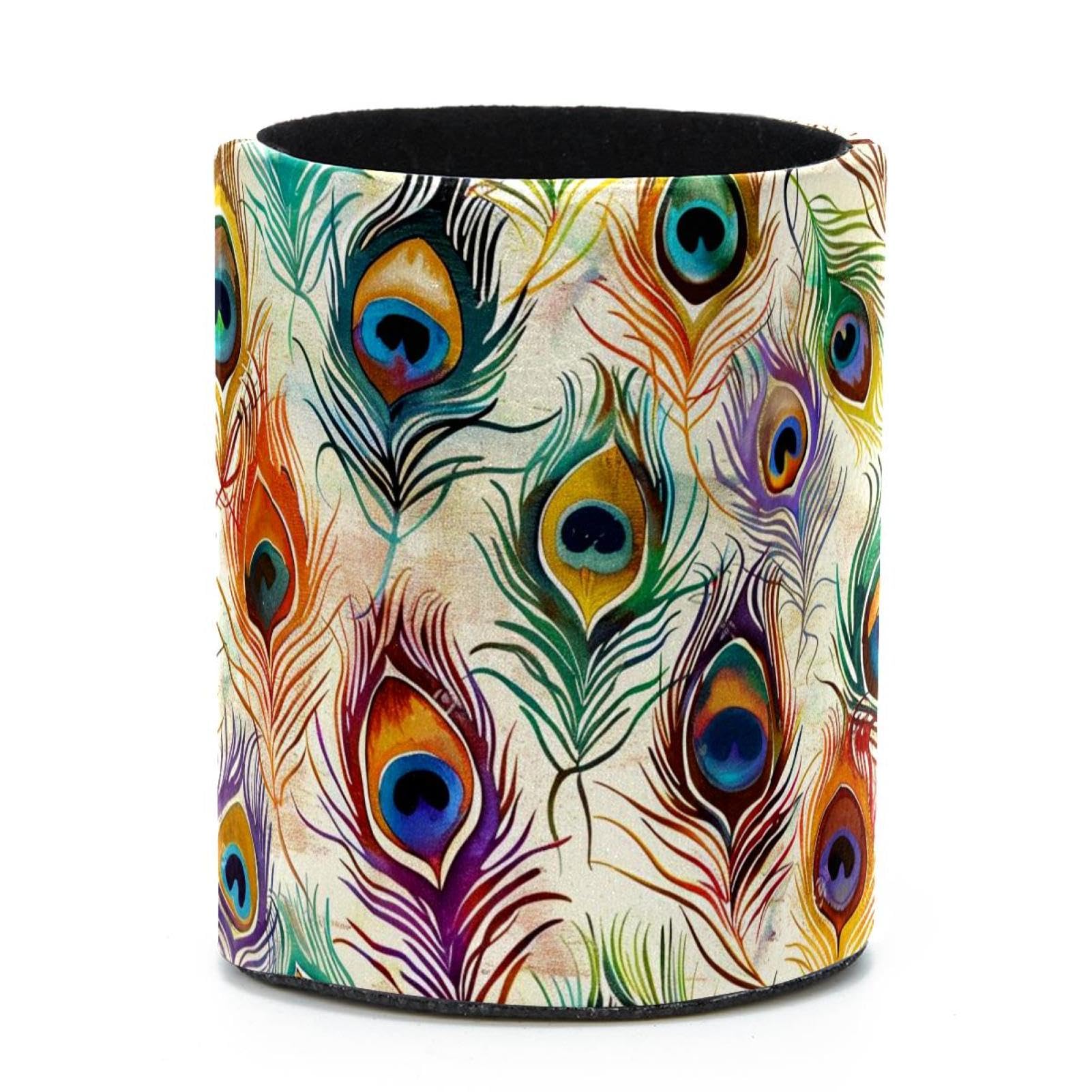 VAPOKF Round Pencil Holders for Desk, Peacock Feathers Pen Holders Pen Pot Makeup Brushes Storage Desktop Stationery Supplies Organiser for Home Office
