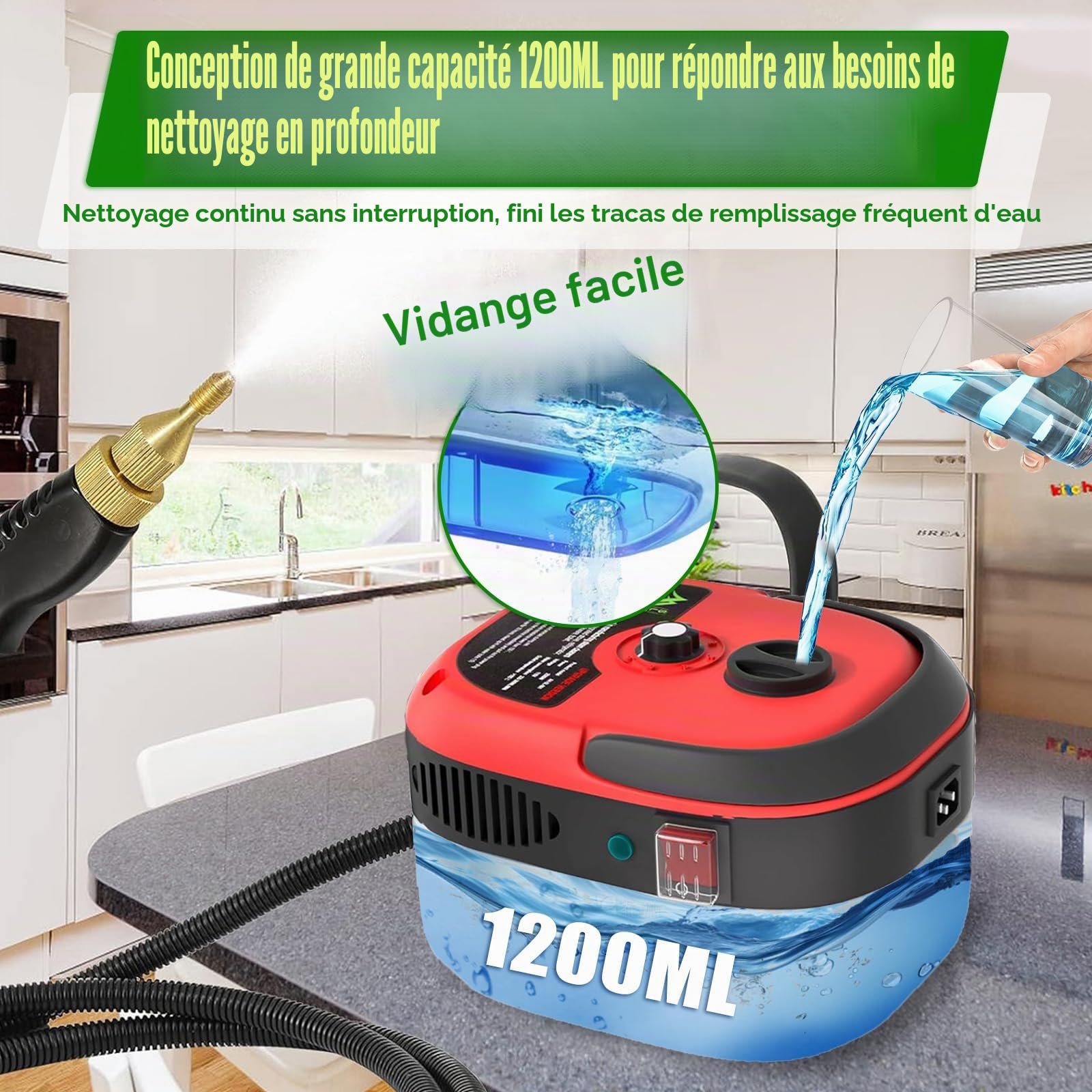 Nettoyeur Vapeur 2500W, Réservoir 1000ML, pour Canapé, Rouge