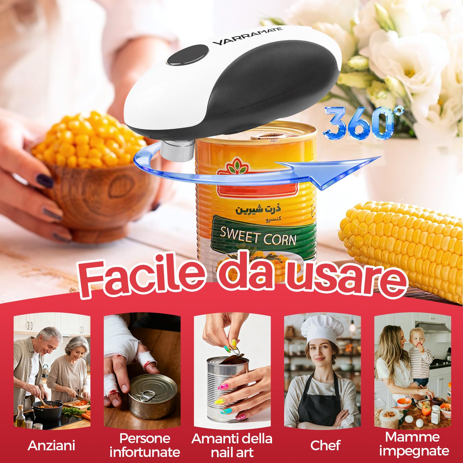 YARRAMATE Apriscatola elettrica ricaricabile – apriporta scatola di conservazione automatica a un tasto, bordo liscio, mani libere per anziani, con borsa portaoggetti, portatile da viaggio campeggio