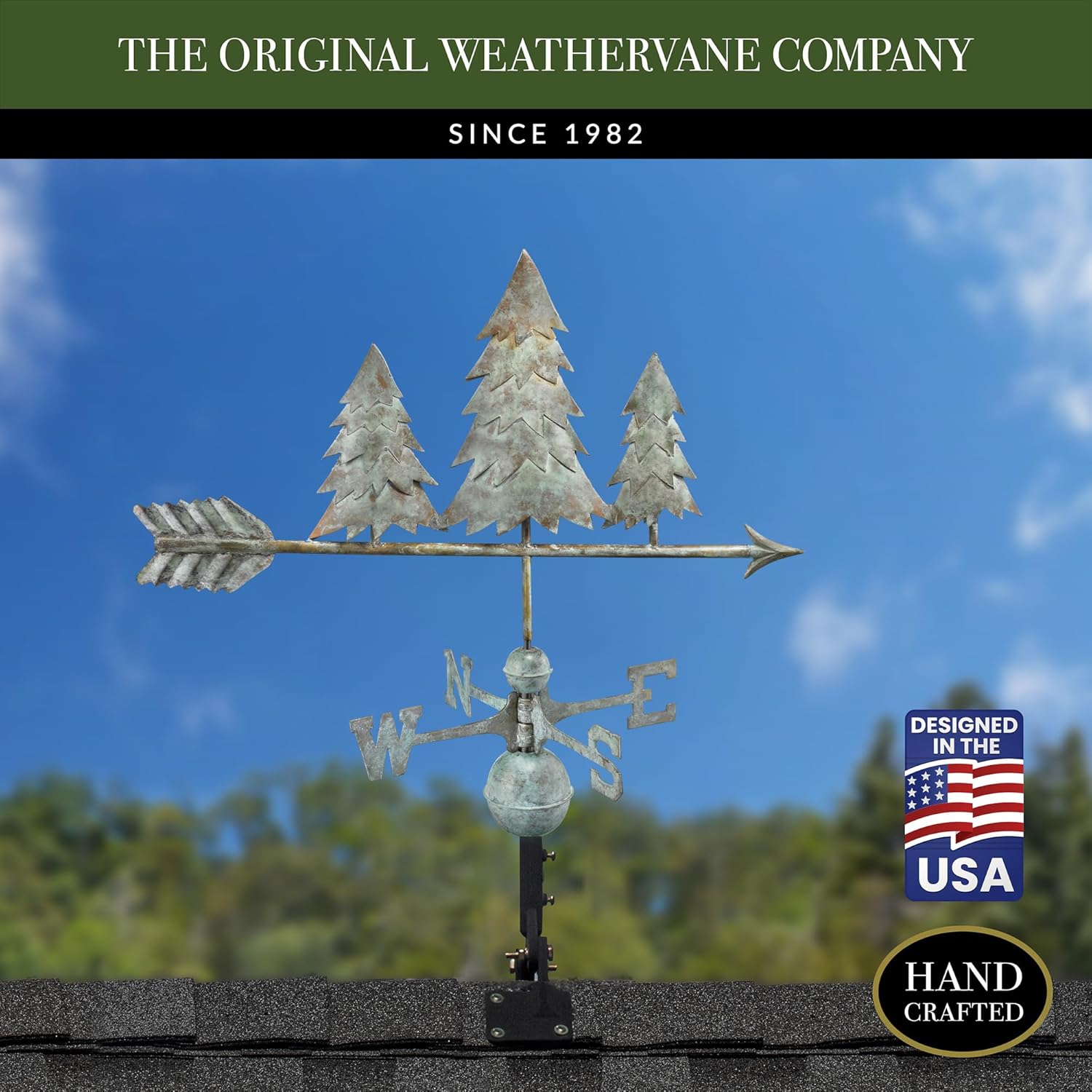 Good Directions Patina Copper Pine Trees Weathervane – Decorative Rooftop Accent for Barns, Homes, Sheds, and Cupolas – Durable & Handcrafted