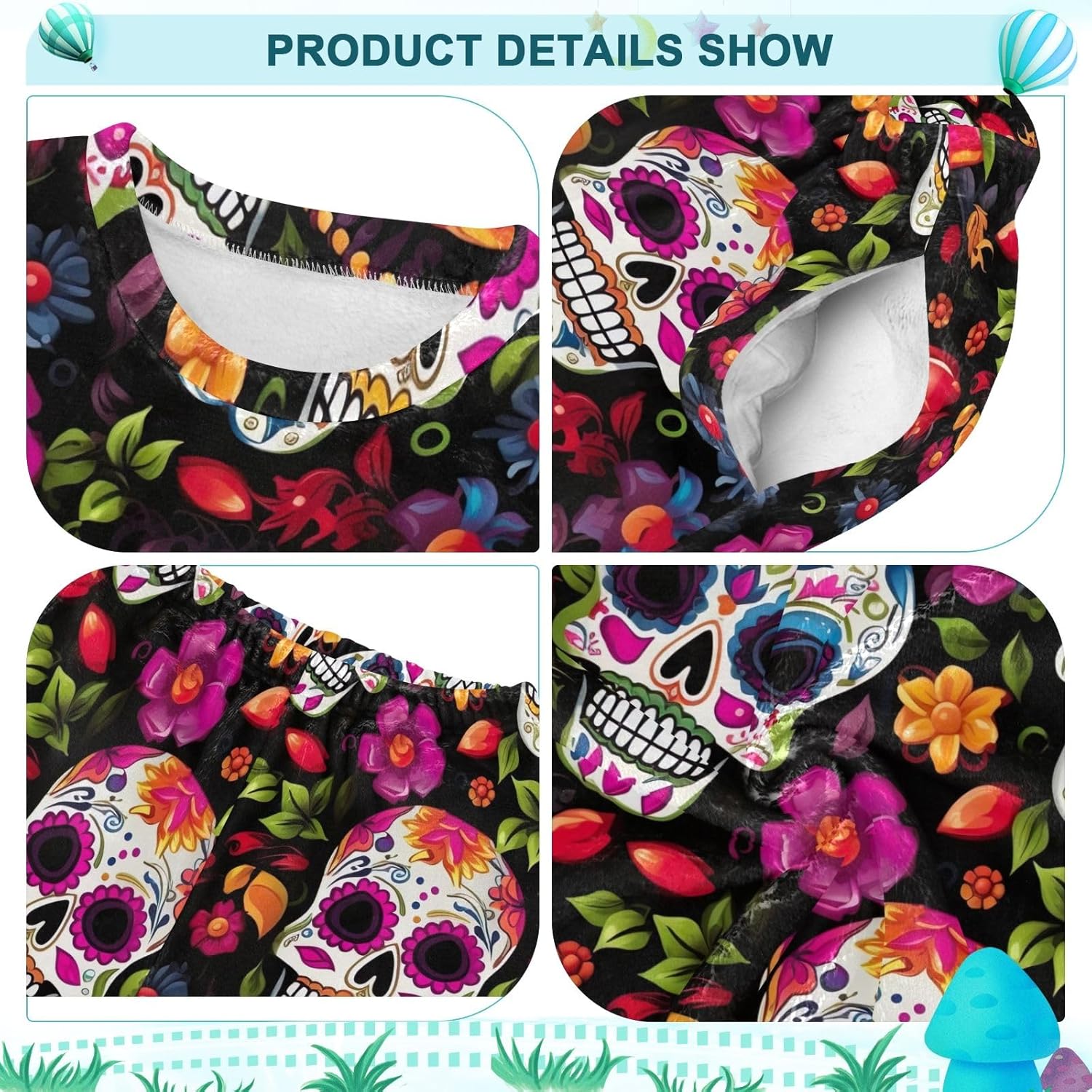 Sugar Skulls Floral Plush Pajama Set, Soft Coral Fleece Warmth, Relaxed Fit with Pockets