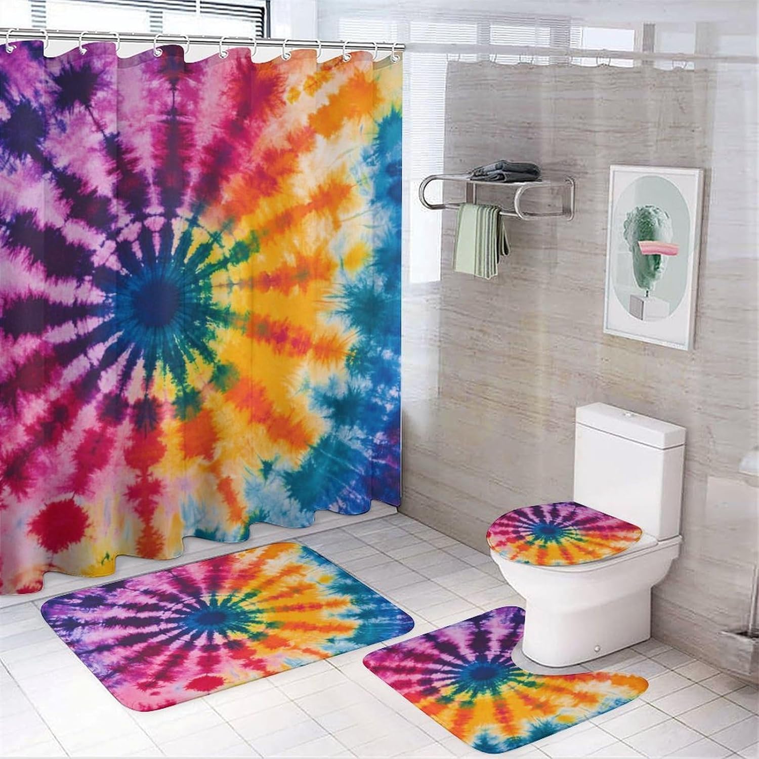 4Pcs Rainbow Tie Dye Shower Curtain Set, Explosion Art Deco Swirl Bathroom Decor Set with Rug Bathroom Accessory Bathroom Curtain Shower Set, 72" x 72"