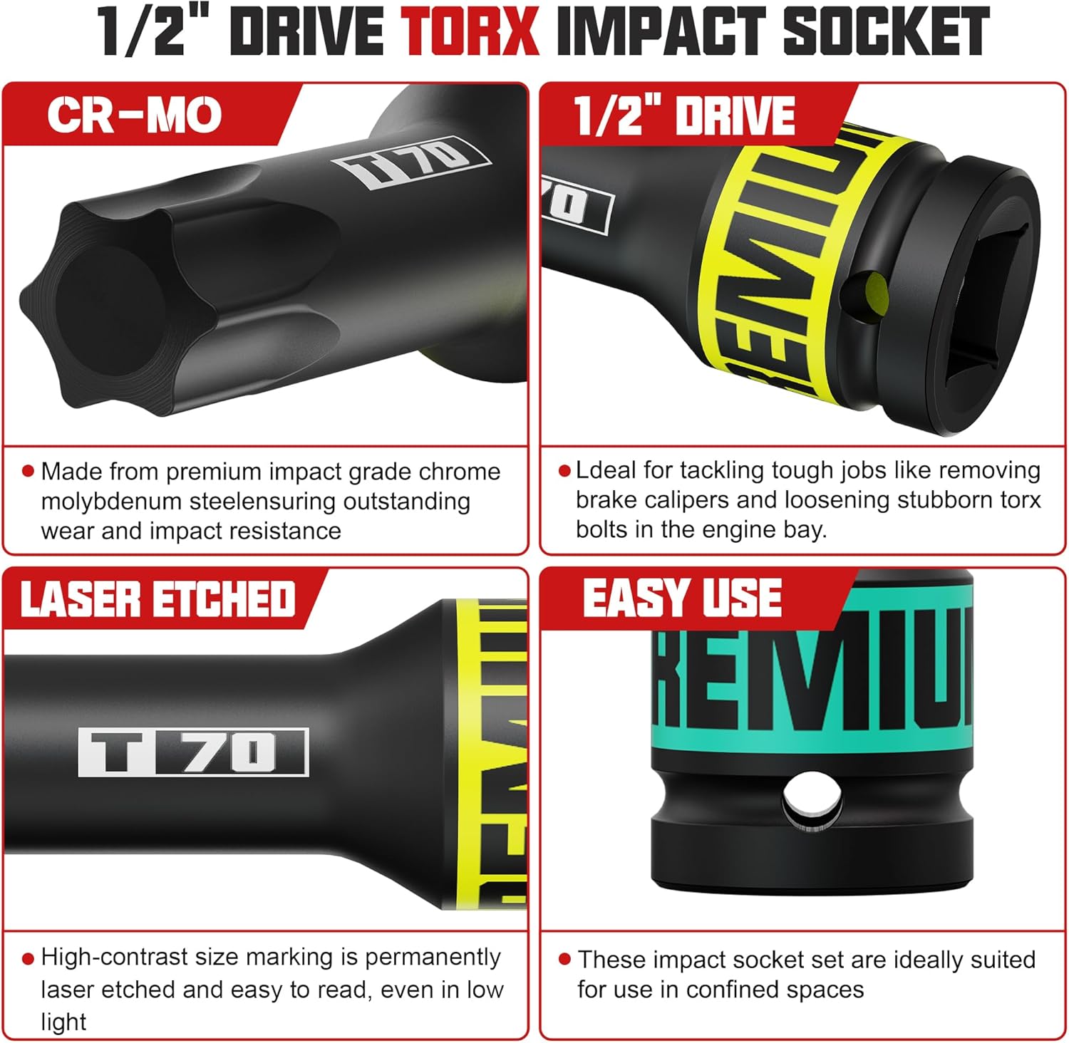 1/2" Drive Impact Torx Bit Socket Set, 10 Piece Impact Star Bit Socket Set, T25-T80, Cr-Mo Steel, for Fastener Replacement