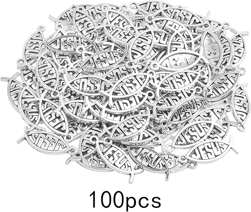 100 dijes de plata antigua de Jesús con forma de pez cristiano de aleación tibetana, colgantes de Jesús, suministros de manualidades para bricolaje,