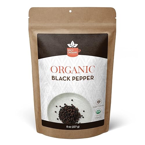 SPICY ORGANIC Granos de pimienta negros enteros  Certificado USDA Orgánico  Mejora tus aventuras culinarias con pimientos orgánicos  Ideal para