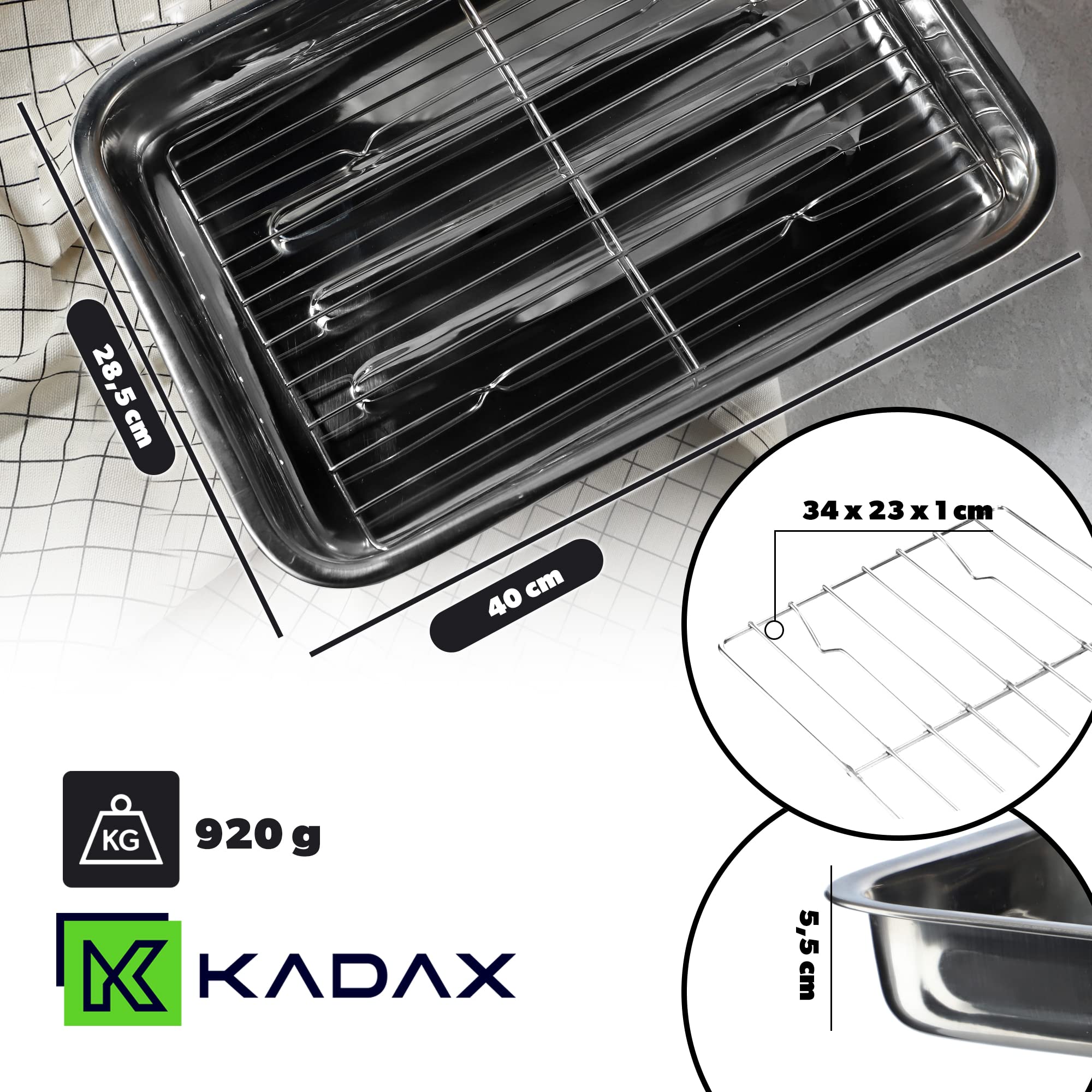 KADAX Brytfanna z rusztem 40x28,5x5cm, stal nierdzewna, równomierne rozprowadzanie ciepła, odsącza tłuszcz podczas pieczenia w piekarniku