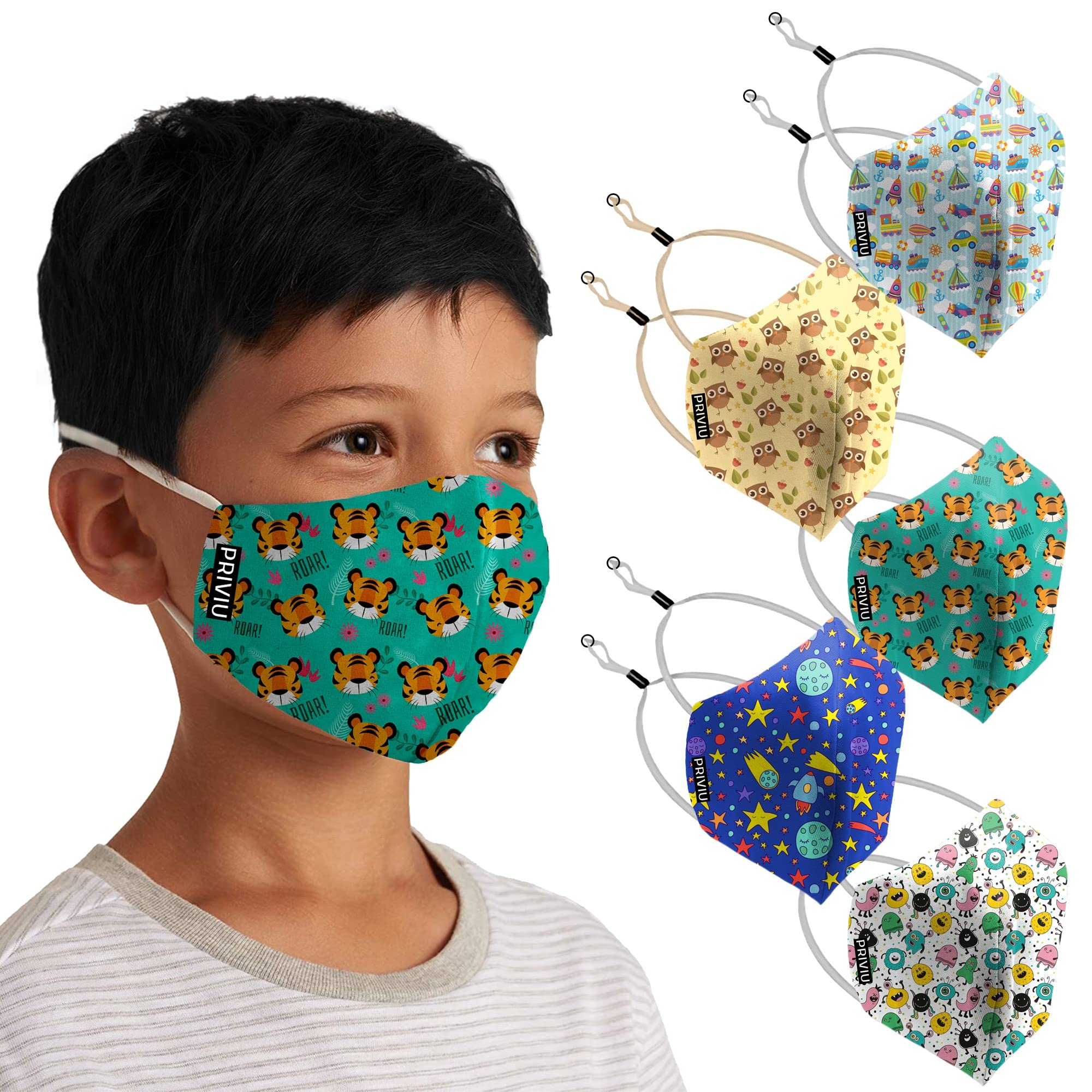 Face Mask for Kids Boys and Girls 3 to 6 Years, Washable Reusable, 3D Comfortable Face Mask with, 4 Layer with Pure Cotton Inner Cloth (Adjustable Headloop) Pack of 5