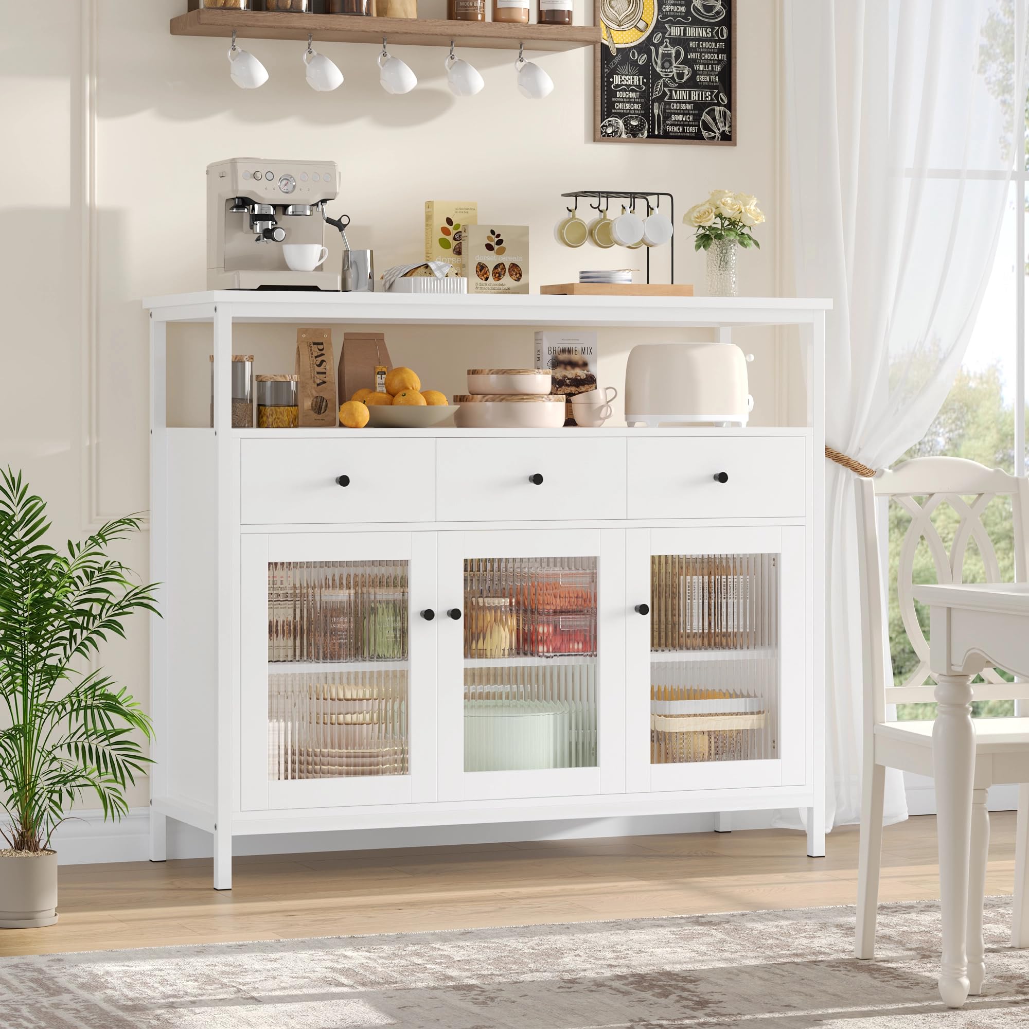 FirFurd Sideboard Küchenschrank mit Arbeitsplatte 3 Schubladen 3 Glastüren | Buffetschrank mit offenem Fach, Küchenbuffet mit Metallrahmen, für Wohnzimmer Küche Esszimmer, 108 x 38 x 98,5 cm