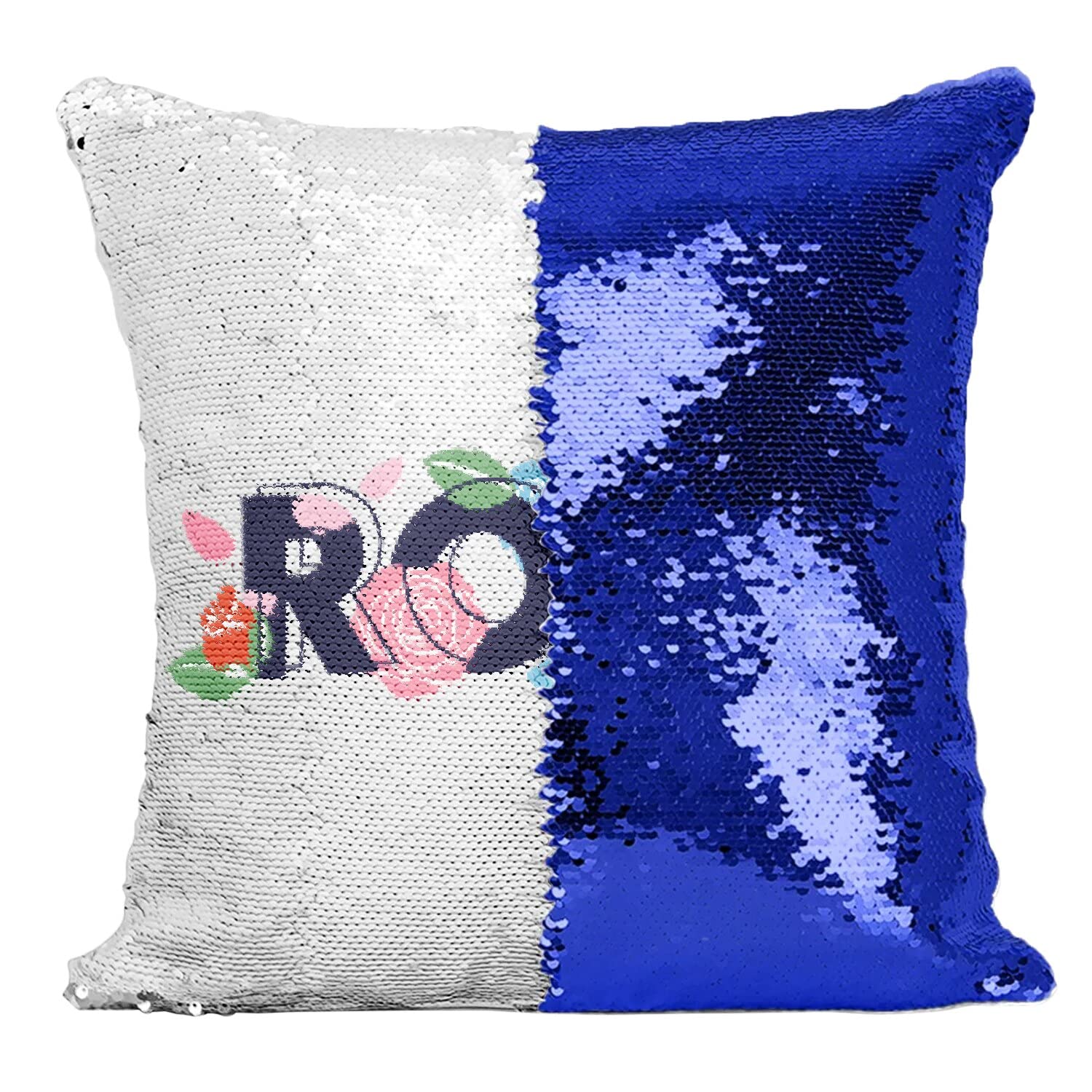 Coussin sequin bleu rose avec motif fleurs au style minimaliste chic