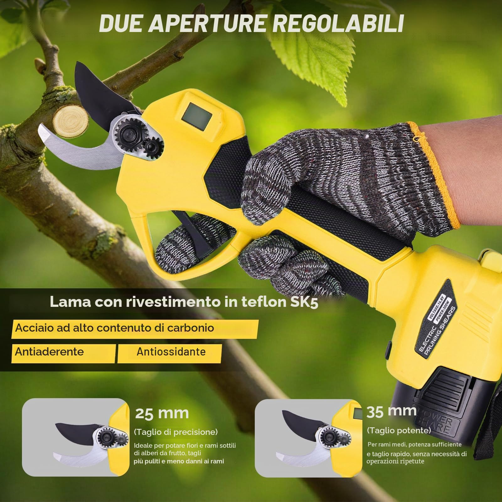 Forbici Potatura a Batteria 35mm 2 Batterie 21V 2.0Ah, Cesoie Elettriche con Motore Brushless, Lame SK5 Rivestite in PTFE per Giardino, Ulivi e Alberi da Frutto Giallo