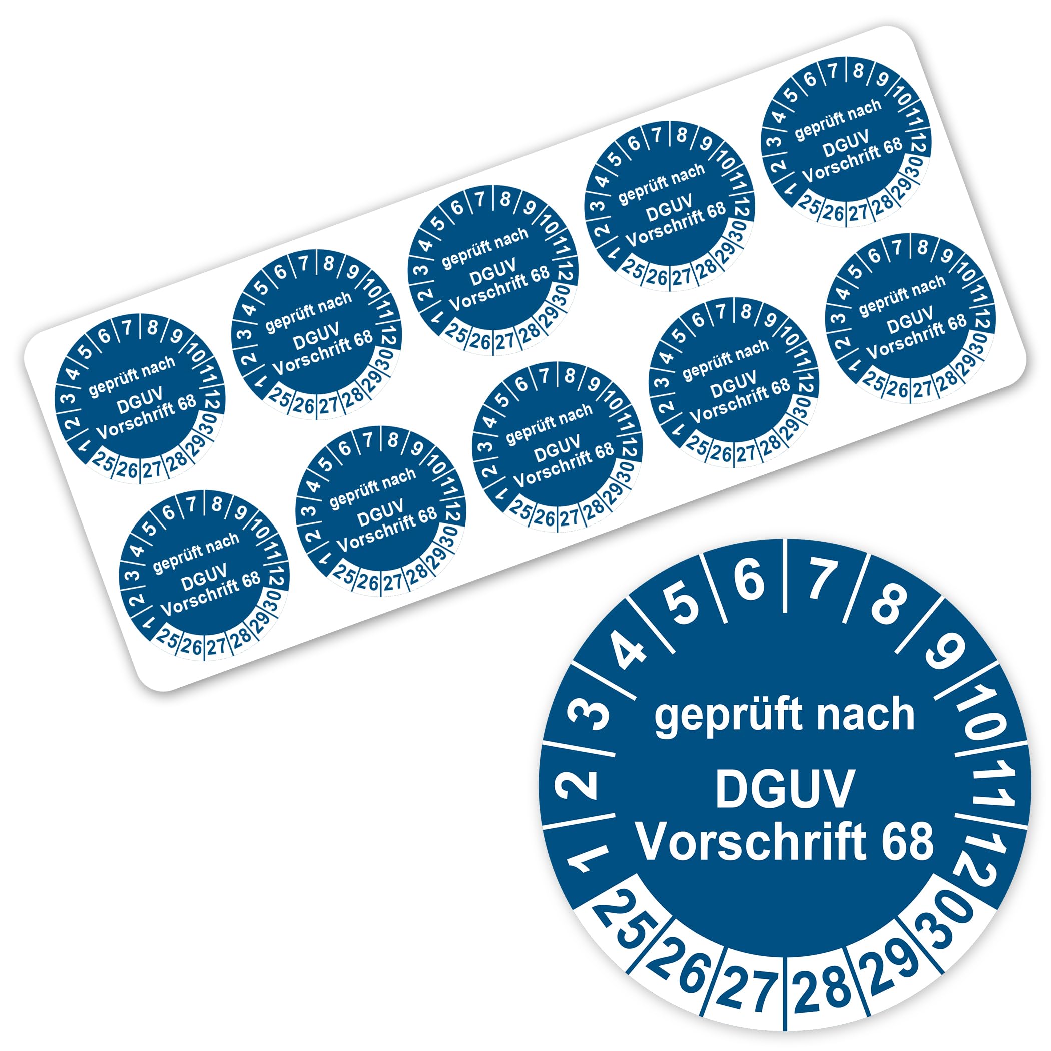 Prüfplaketten geprüft nach DGUV Vorschrift 68 ⌀30mm Prüfaufkleber 2025-2030 Aufkleber Prüfetiketten Vinyl Plaketten Folie selbstklebend wasserfest LTA012 (100, Blau)