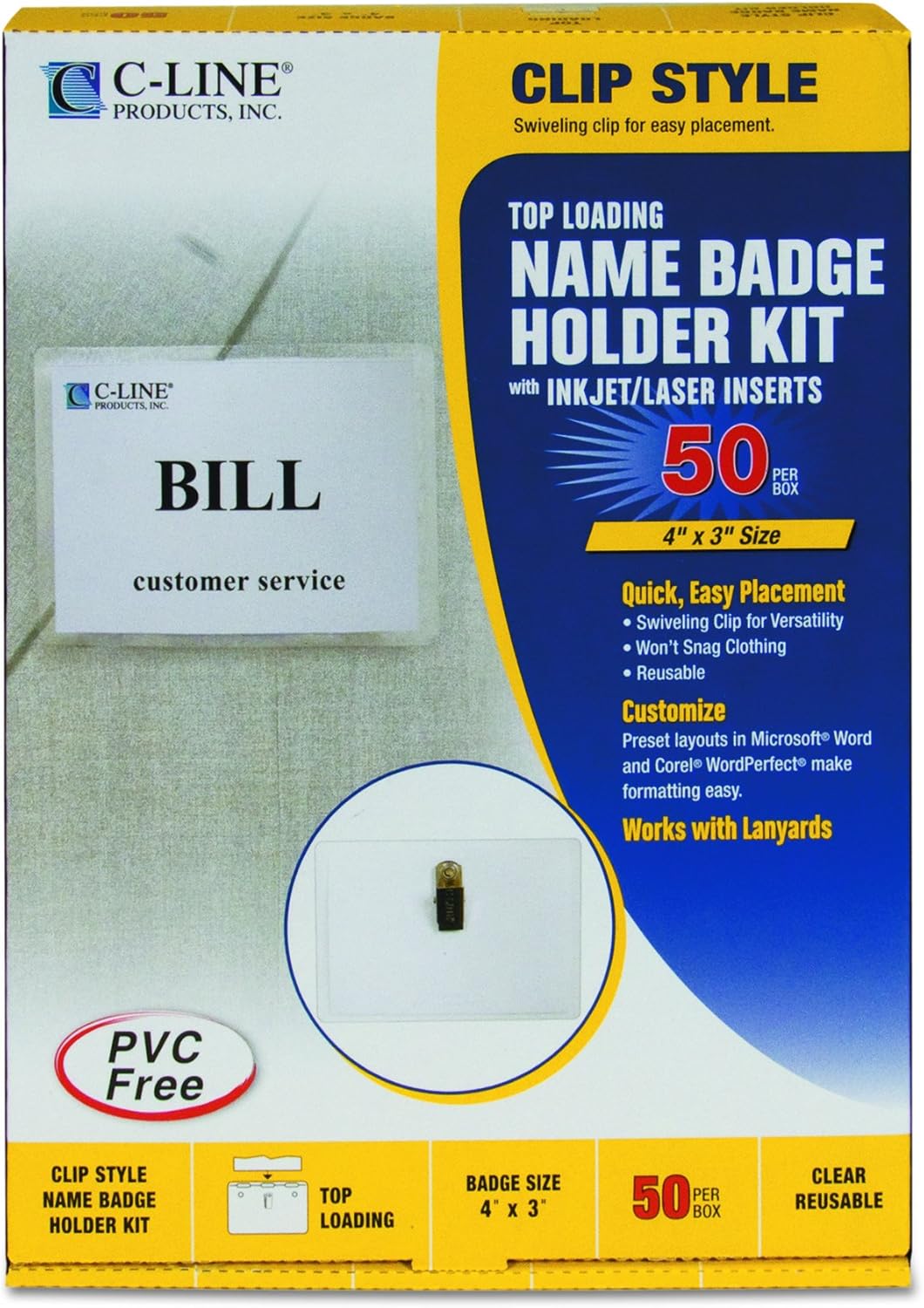 C-Line Name Badge Kits, Top Load, 4 X 3, Clear, 50/box