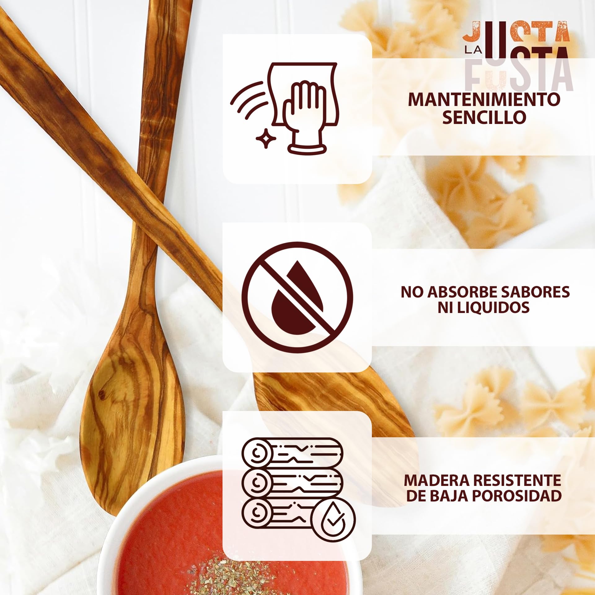 Justa La Fusta | Cuchara Madera Cocina | Utensilios, De Olivo, Fabricada Artesanalmente en España, (31,5 x 5 cm) | Resistente