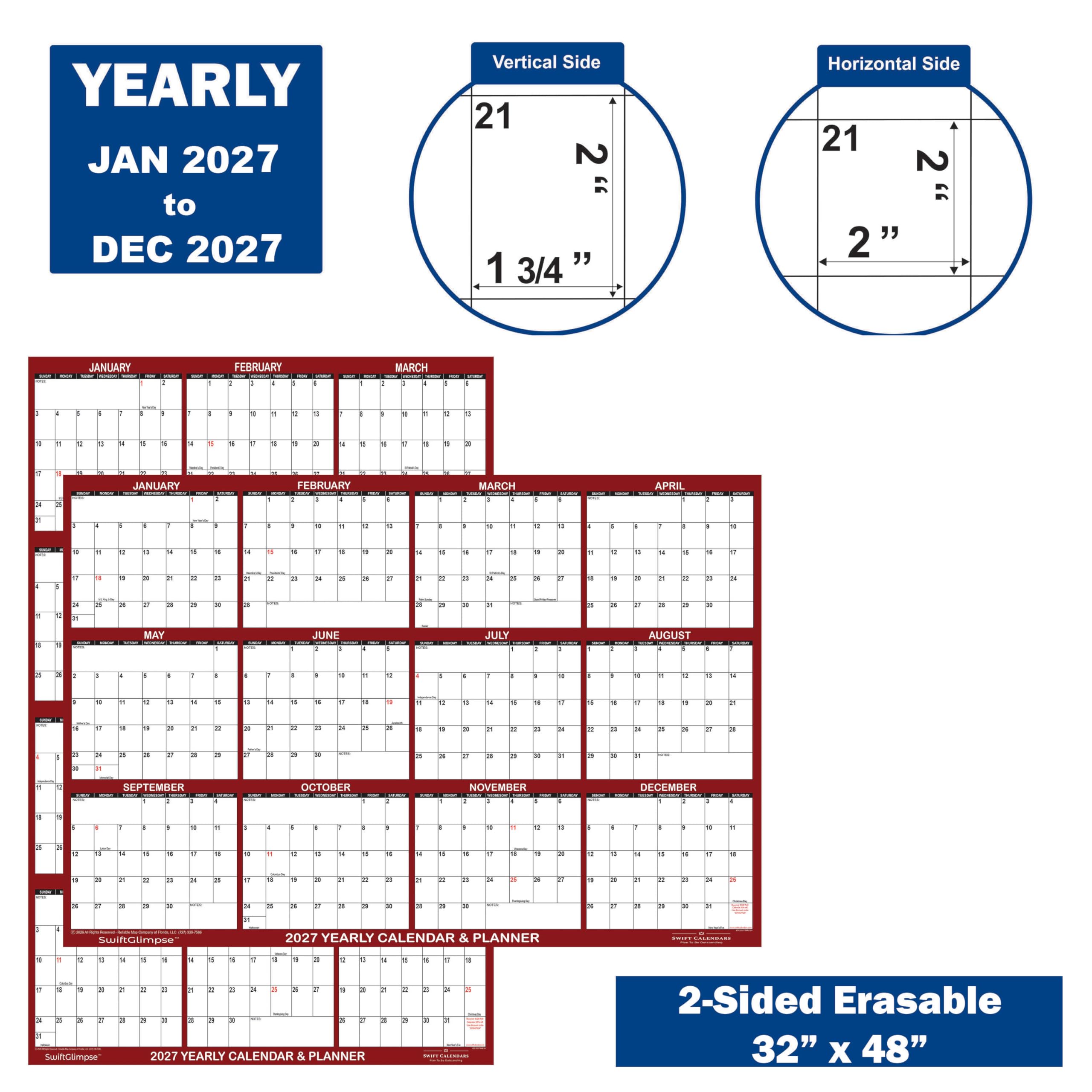 SwiftGlimpse - Calendario da parete cancellabile 2027, 81,3 x 121,9 cm, cancellabile a secco e a umido, laminato, 12 mesi, annuale, reversibile, orizzontale/verticale, marrone (confezione da 1)