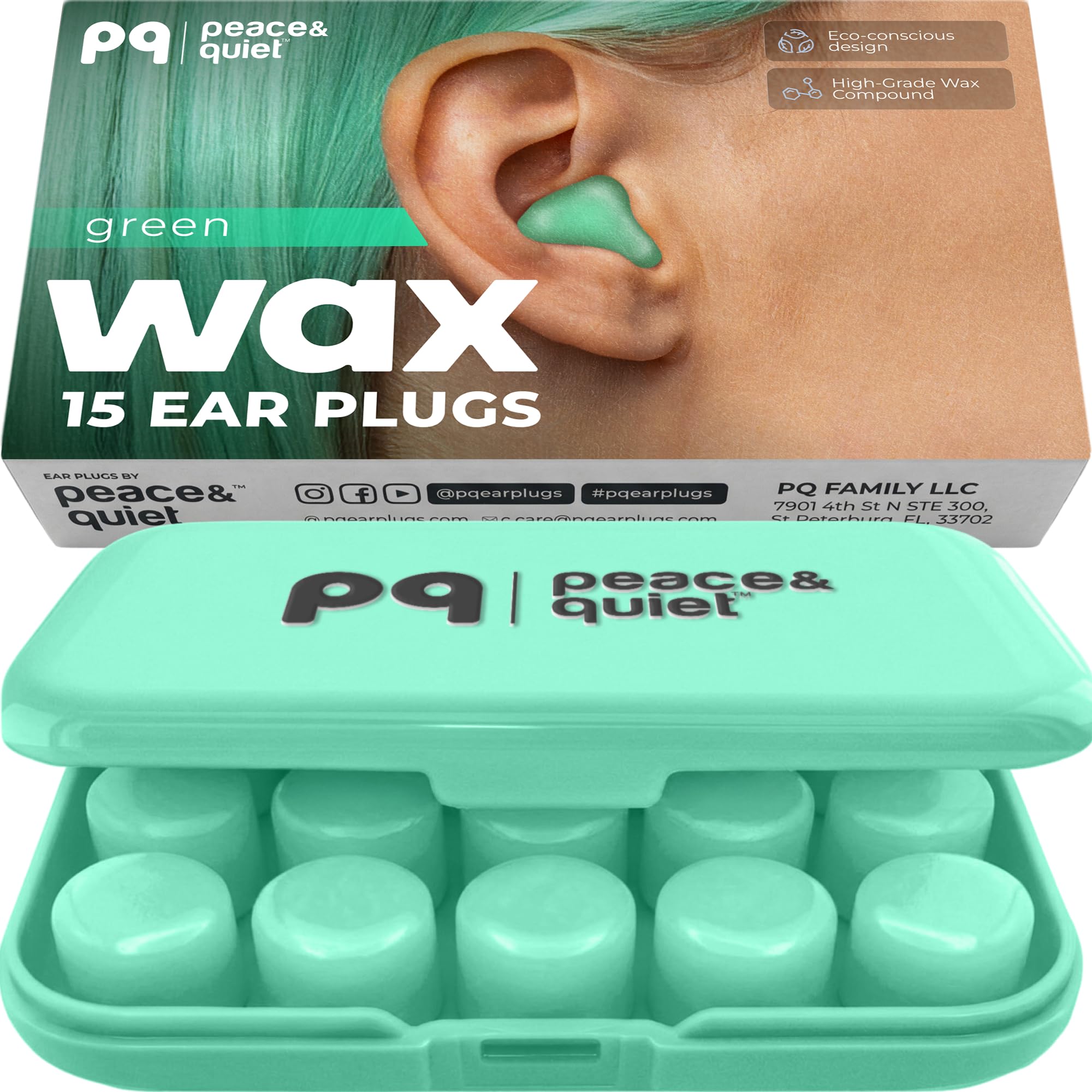 Peace&amp;Quiet PQ Wax Ear Plugs for Sleeping, Silicone, Green, 15 Count