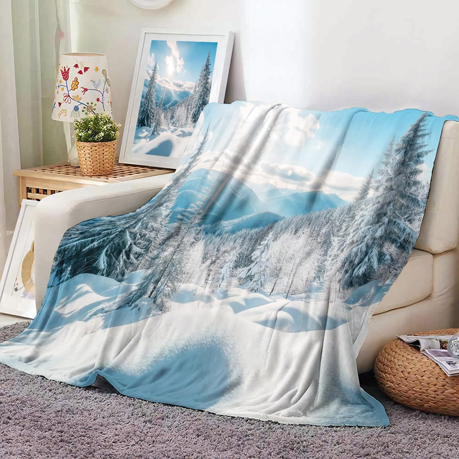 Manta De Navidad Azul Blanco Montañas del Cielo 220X240Cm Suave Cálida Y Peluda Decoración Navideña,Acogedora Invierno Natural Adolescentes De Adultos para TV Sofá En Vacaciones