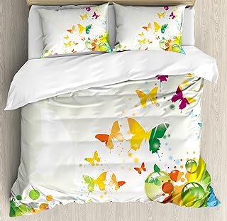Ambesonne Colorful Duvet Cover Set, Silhouettes of Butterflies Freedom of The Nature Festival Artwork Print, Decorative 3 Piece Bedding Set with 2 Pillow Shams, Queen Size, Pale Ivory